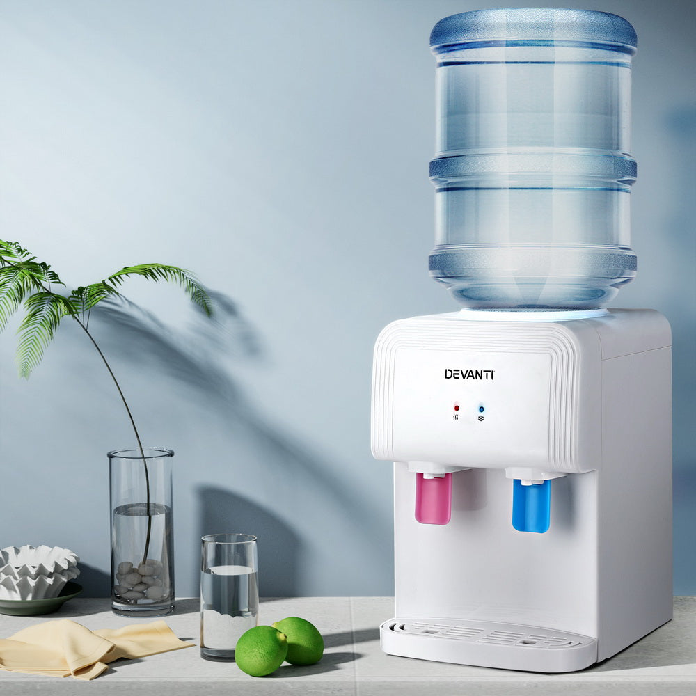 Devanti 5 Gallon Water Cooler Dispenser - Top Loading Countertop Water Dispenser with Hot & Cold Water Options, White - Perfect for Home, Office, or Kitchen Use