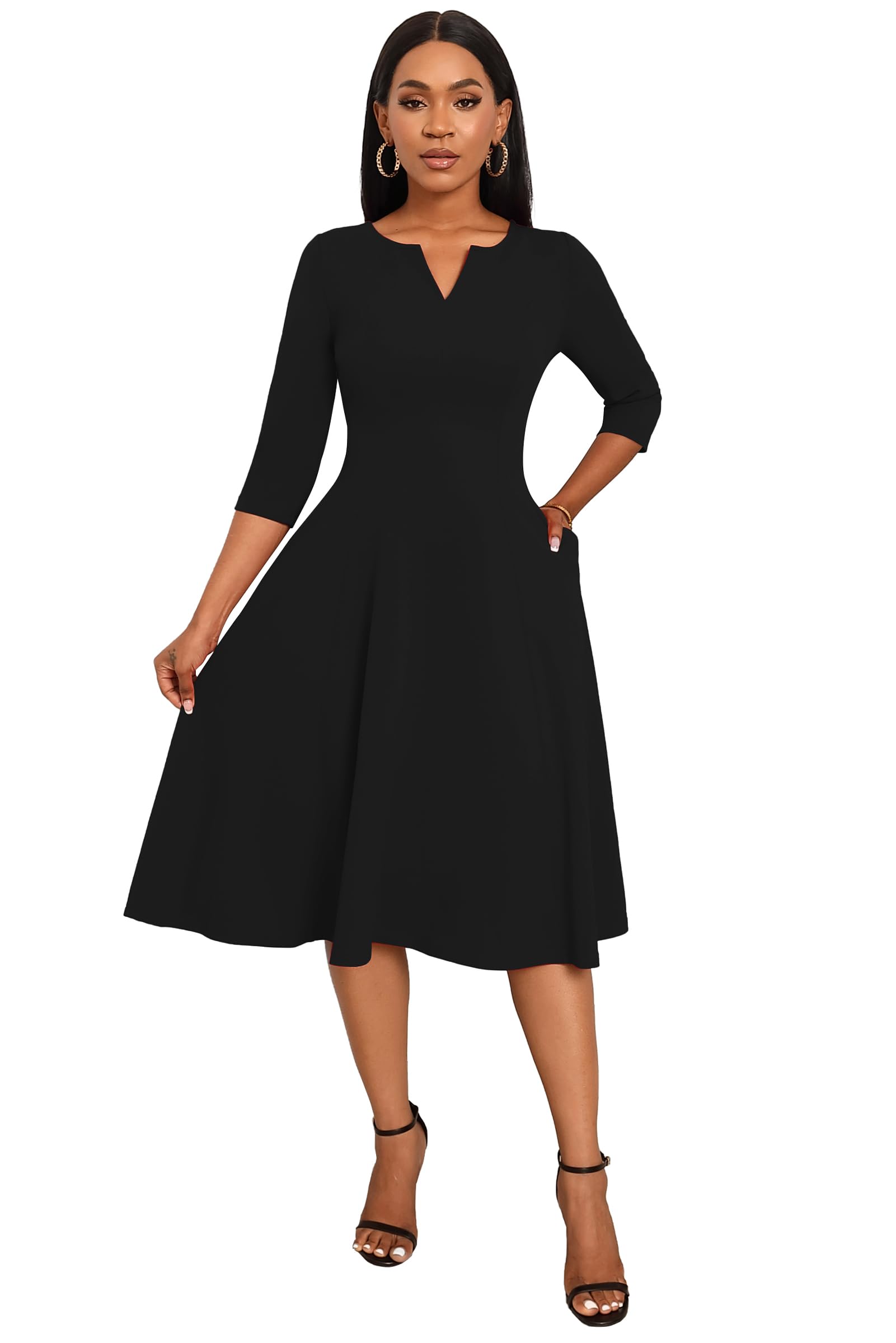 Nmoder Women's A-Line Midi Dress with 3/4 Sleeves & Pockets - Flattering Fit and Flare Cocktail Dress for Wedding Guest, Office Work & Special Occasions