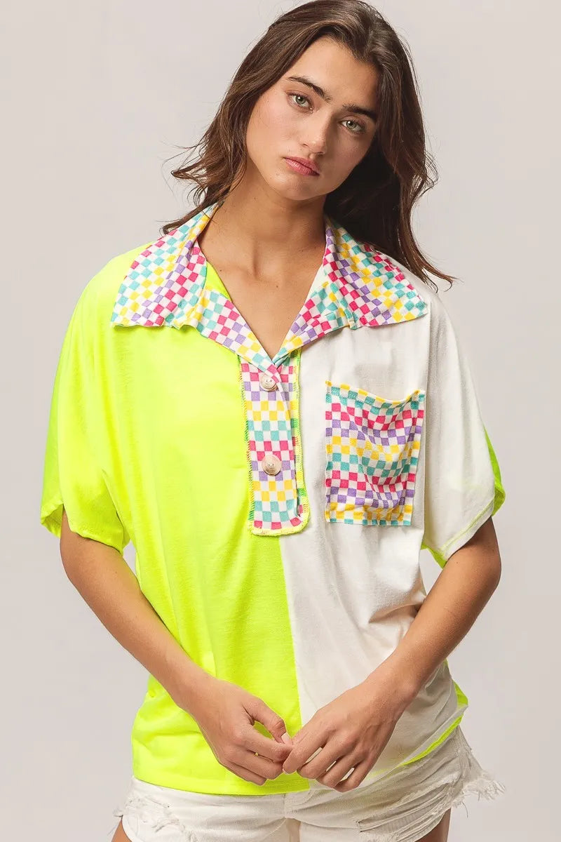 BiBi Color Block Knit Sweater with Multi Checker Contrast Design | Women's Fashion Tops for Casual Wear & Office Outfits