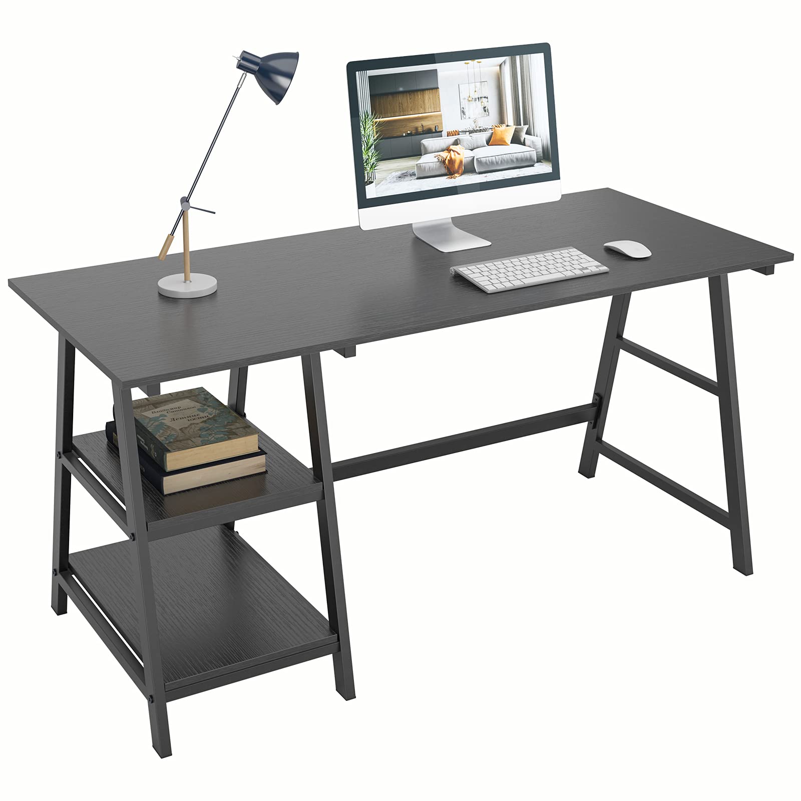 DlandHome 55 Inch Large Computer Desk with Opening Shelves - Sturdy Trestle Design Home Office Desk, Workstation & Writing Table in Black (TP-140BB) - Perfect for Remote Work, Gaming Setup & Study Room