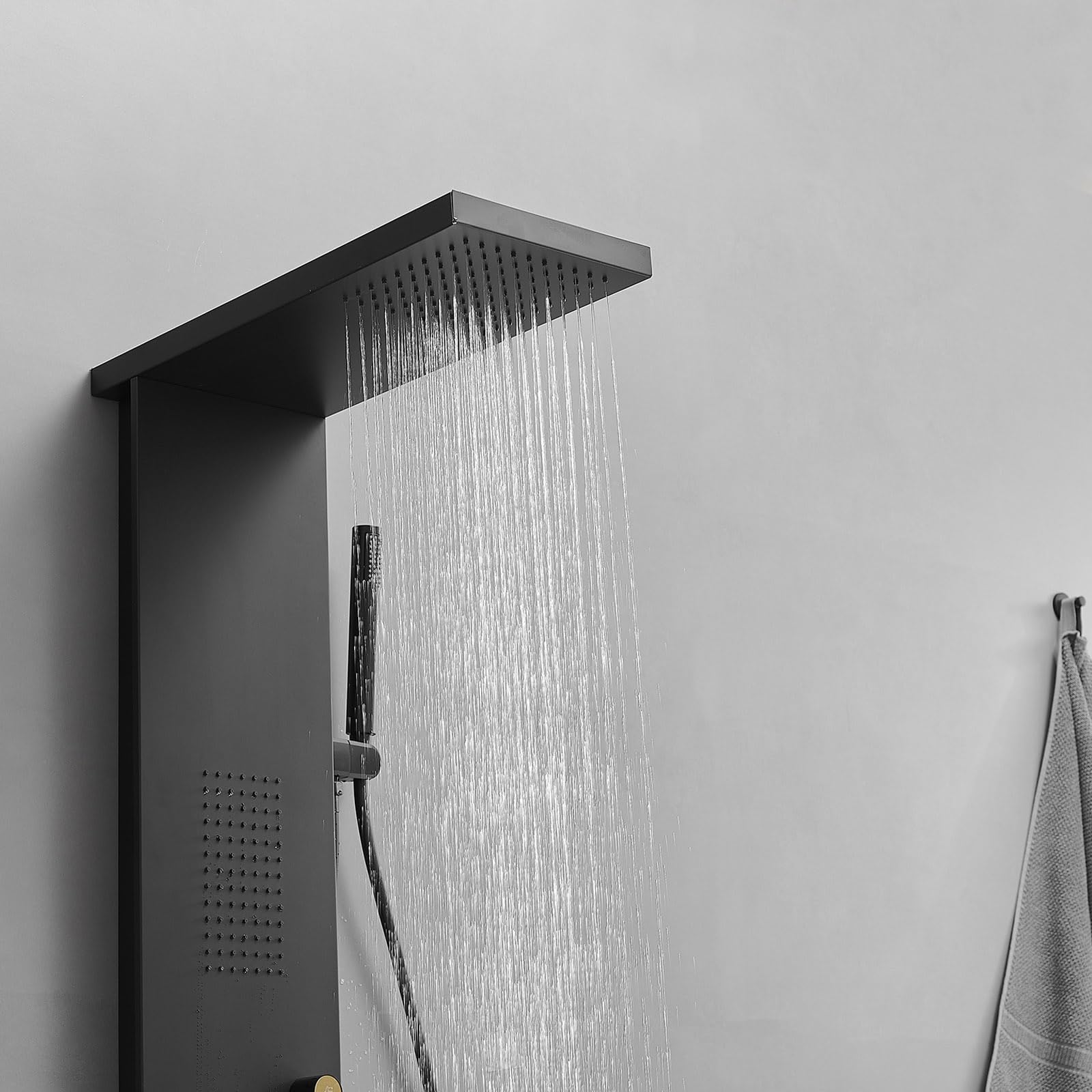 Premium Stainless Steel Shower Panel Tower System with Rainfall Shower, Body Jets & Handheld Shower - 3-Function Wall Mounted Black Shower System for Luxurious Spa-Like Bathroom Experience