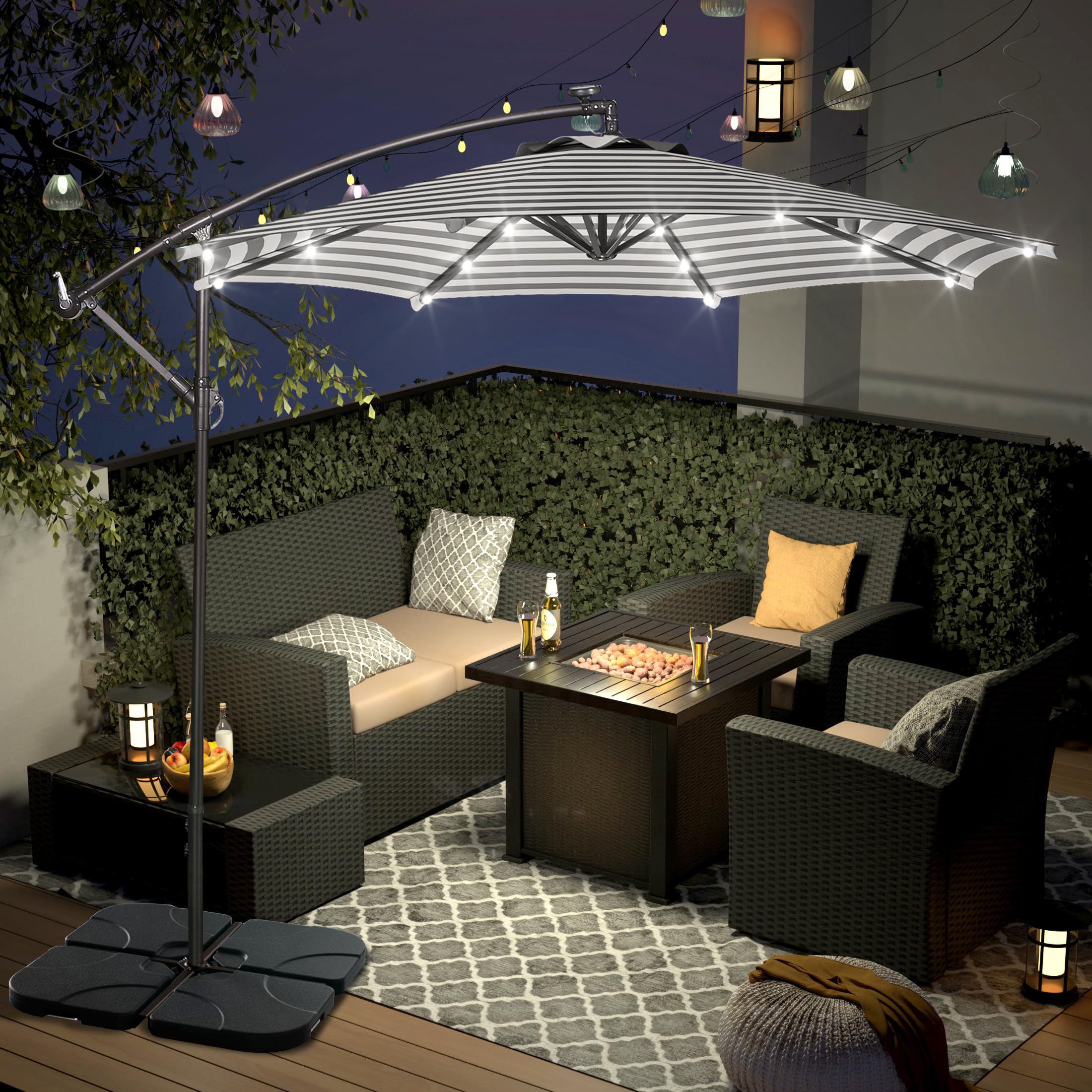 WO Home Furniture 10ft Cantilever Patio LED Umbrella Set with Stand - 2 Pack, Gray White Stripe - Perfect for Outdoor Dining, Poolside Lounging & Backyard Relaxation