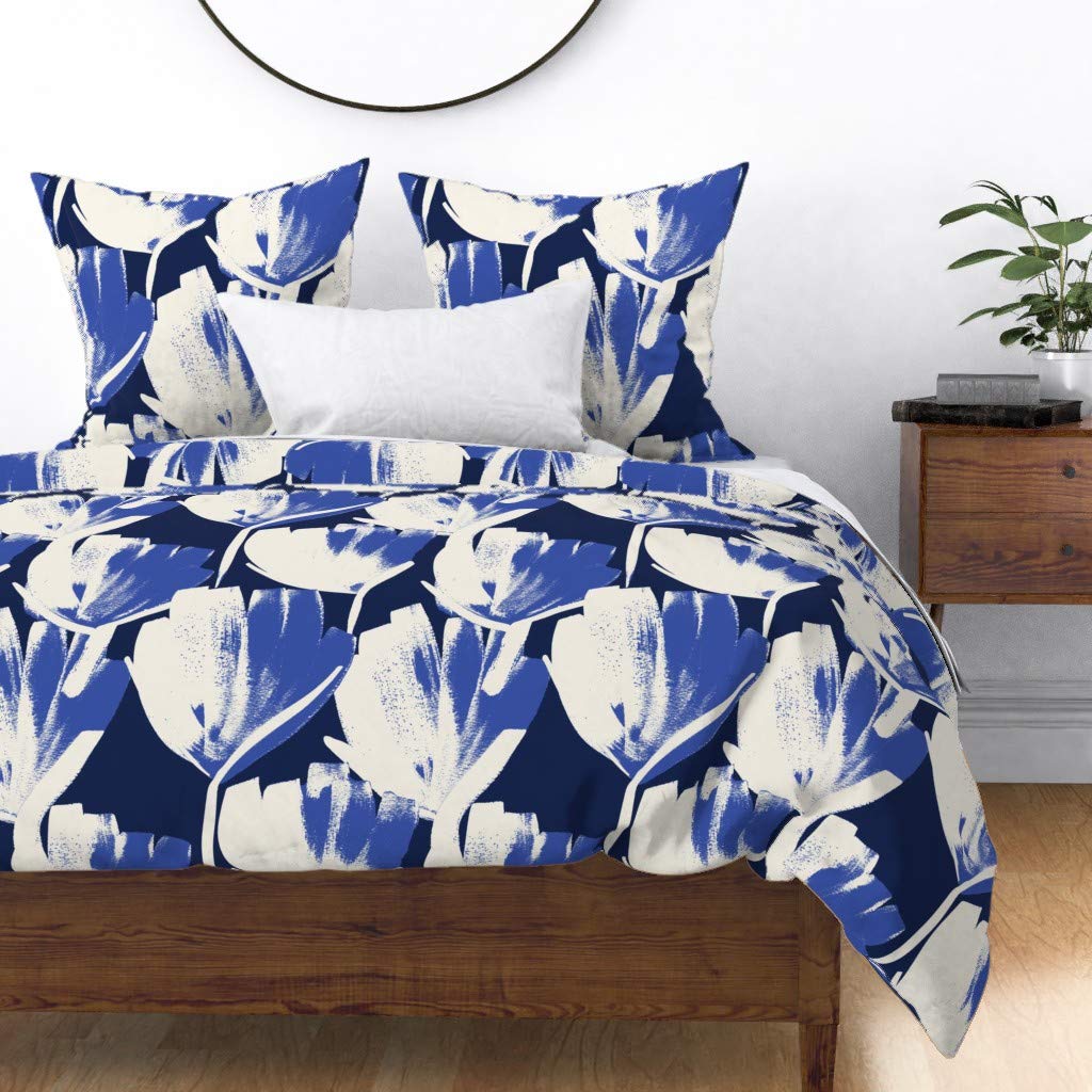 Premium Cotton Sateen Duvet Cover King/California King - Indigo Floral Botanical Print Bedding Set | Abstract Nature Design in Cobalt Midnight Navy | Luxury Soft Bedroom Decor for Master Suite or Guest Room