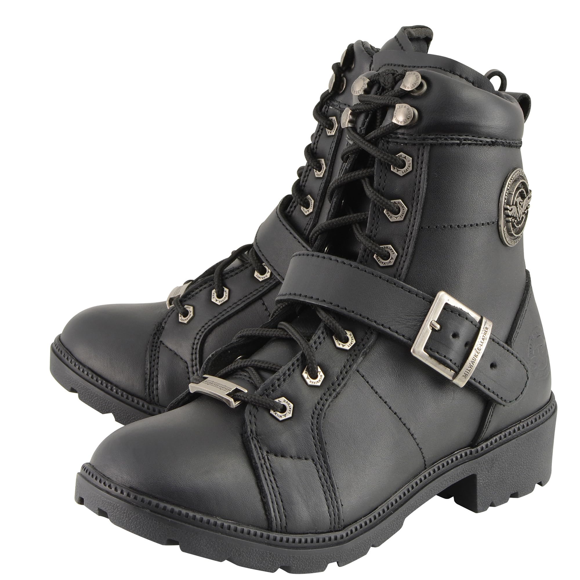 Milwaukee Leather Women's Black Leather Wide Width Lace-Up Side Buckle Boots MBL9325W - Comfortable Round Toe Riding Boots for Western Fashion & Outdoor Activities
