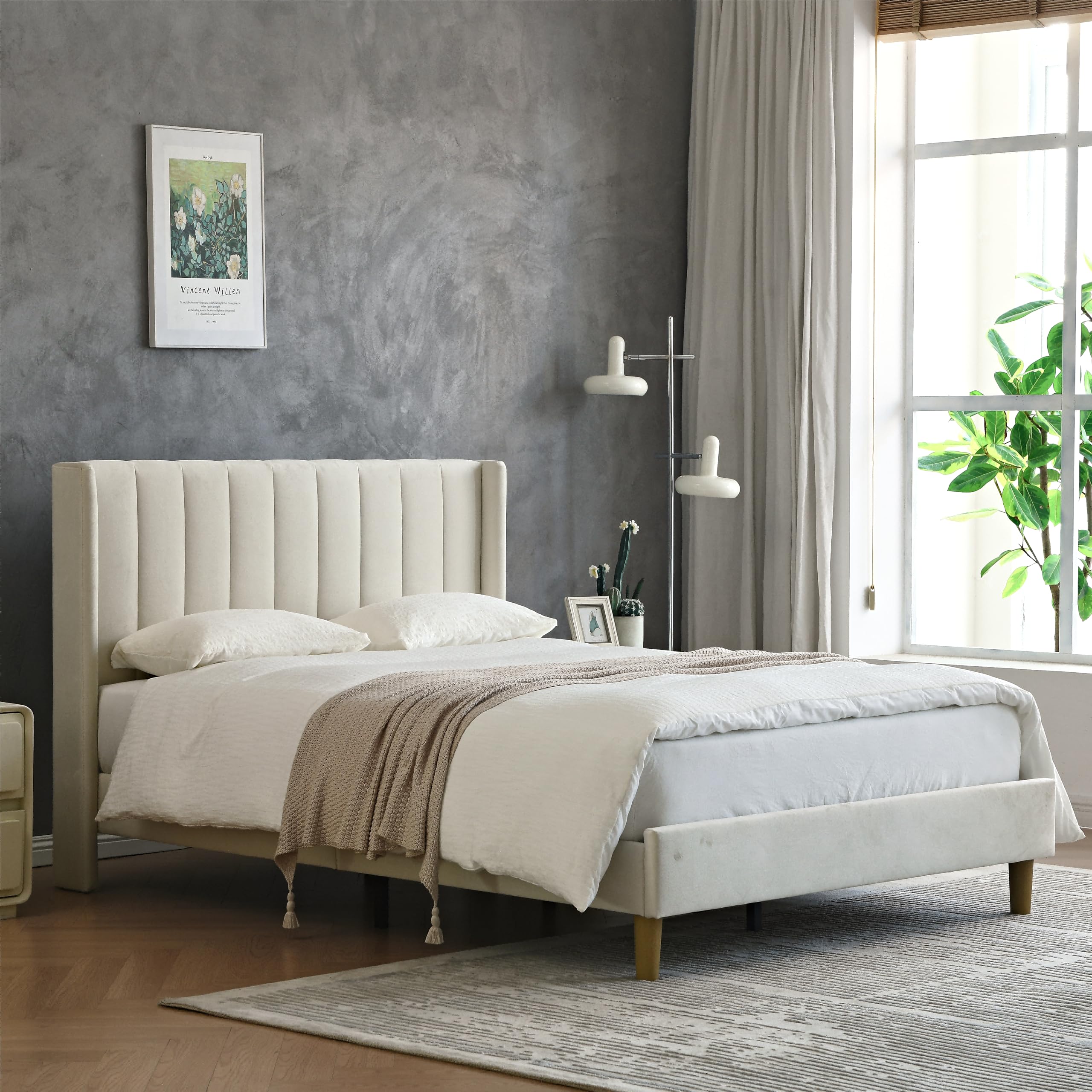 Luxury Velvet Upholstered Platform Bed Frame - Full Size, Modern Geometric Winged Headboard, Quiet & Easy Assembly, Cream Fabric - Perfect for Master Bedroom, Guest Room, or Apartment Decor