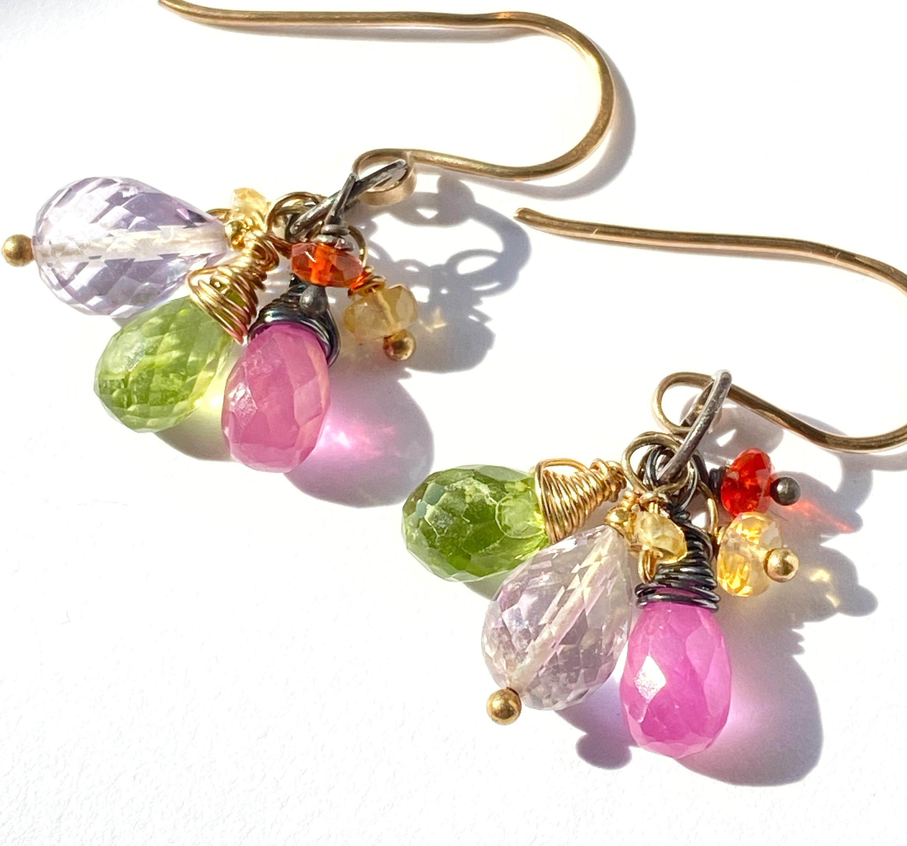 Multi-Color Gemstone Dangle Earrings - Mixed Metal with Peridot, Pink Sapphire & Amethyst | Elegant Jewelry for Parties, Weddings & Special Occasions
