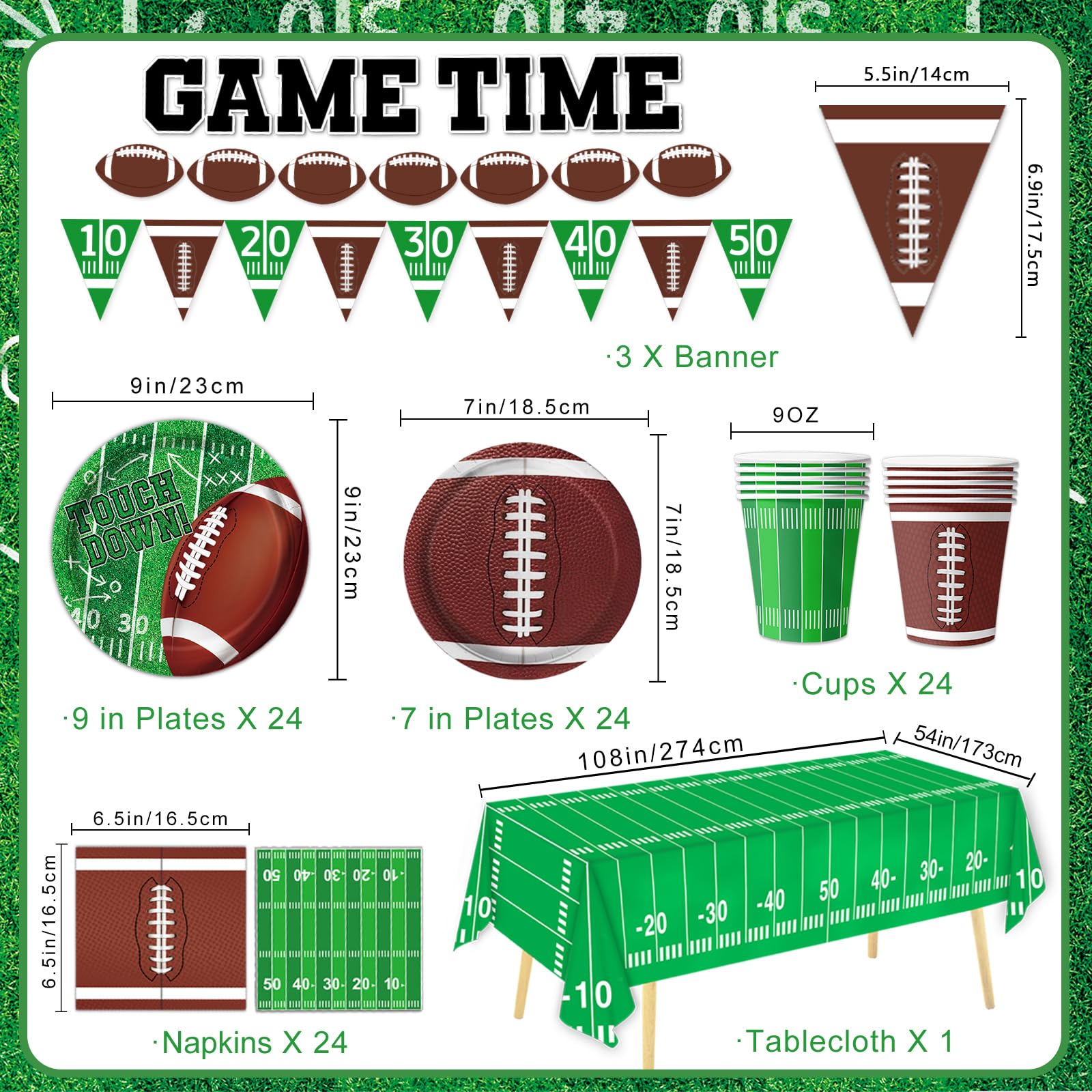 Football Party Supplies Kit - 24-Piece Decorations Set with Plates, Napkins, Cups & Tablecloth for Football Birthday, Tailgate & Game Day Parties - Perfect for Sports Themed Events & Home Decor