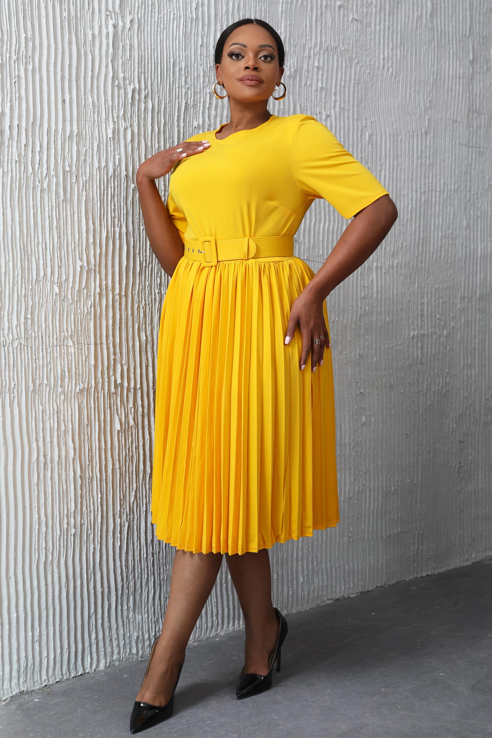 VERWIN Plus Size Short Sleeve A-Line Dress for Women - Round Neck Midi Dress with Belt & Pleated Design | Perfect for Office, Date Night & Summer Outfits