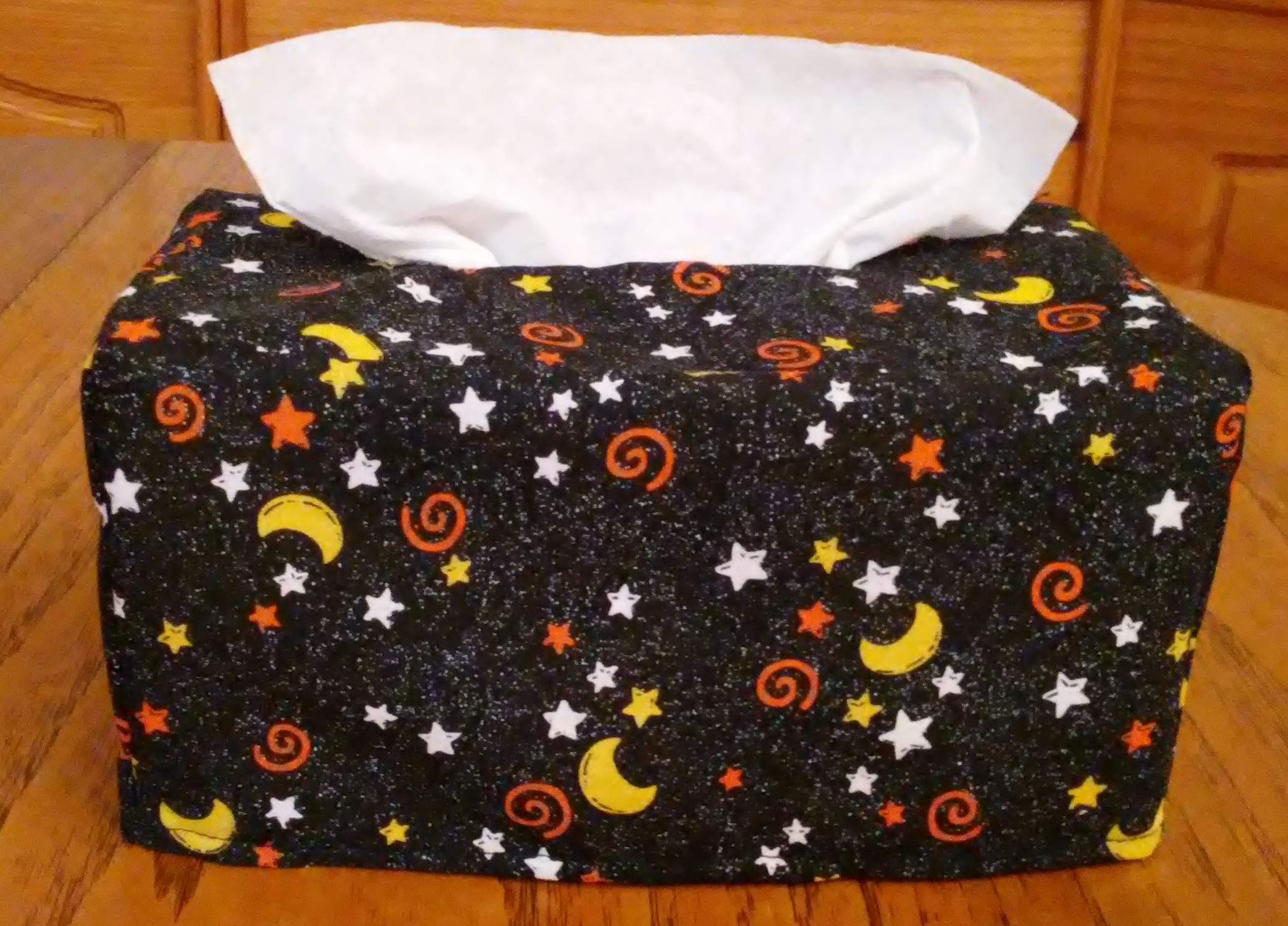 Handmade Black Fabric Tissue Box Cover with Glittering Stars, Moons & Swirls - Rectangle Decorative Tissue Holder for Living Room, Bedroom & Bathroom