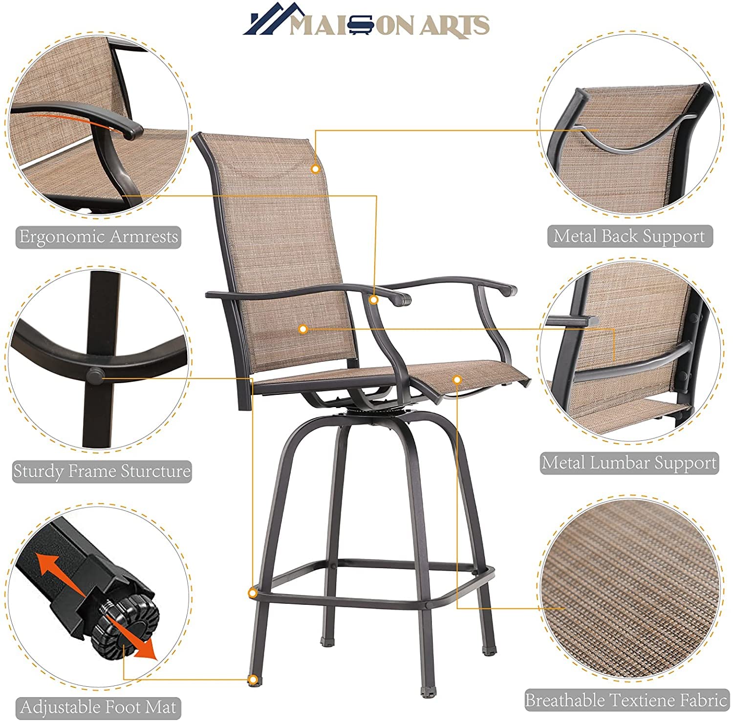 MAISON ARTS Outdoor Bar Stools Set of 6 - Swivel Patio Chairs with High Back, 300 lb Capacity Bar Height Stools for Deck, Backyard & Garden | Perfect for Outdoor Dining, Poolside Lounging & Entertaining