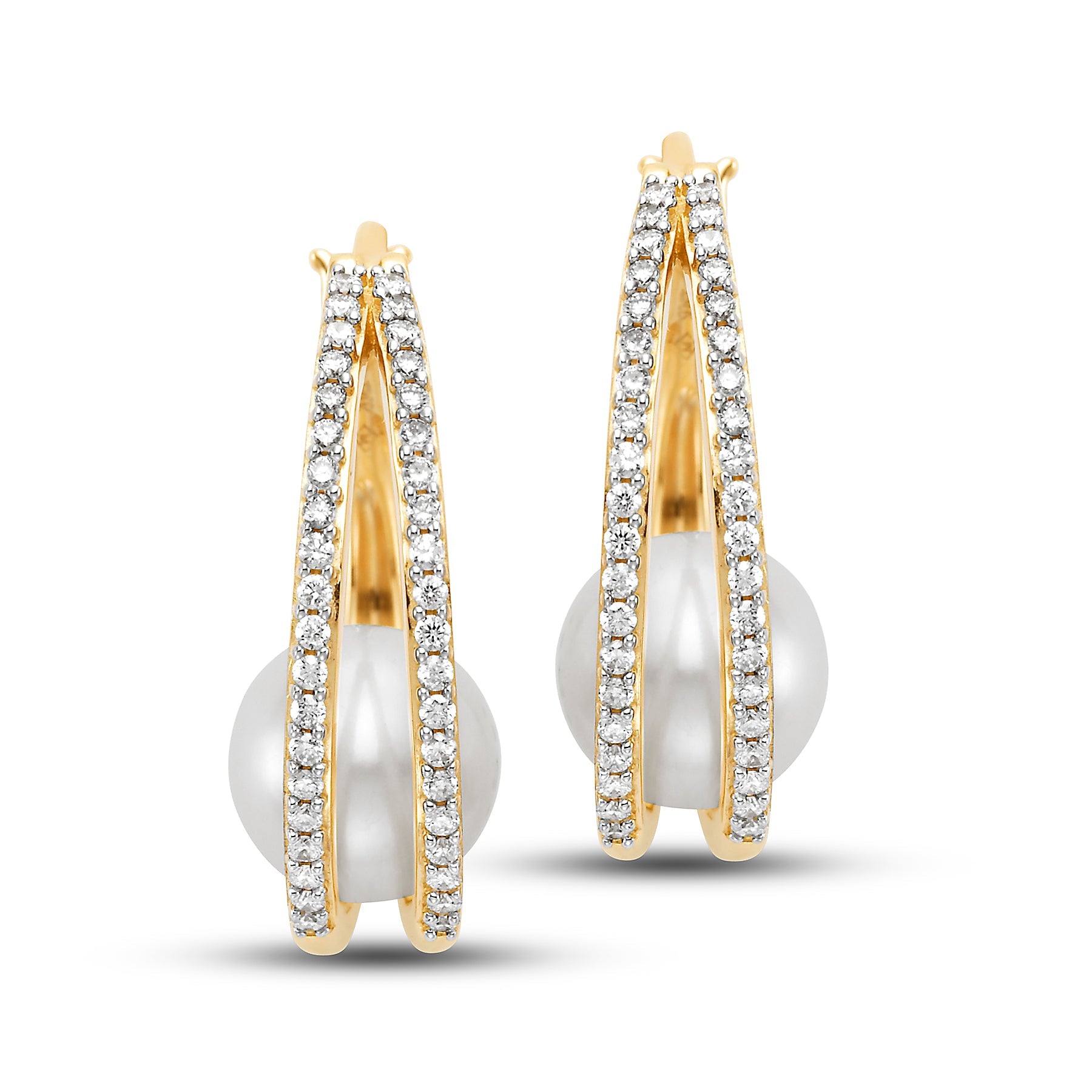 14K Gold Pearl & Pavé Diamond Hoop Earrings for Women - Elegant Dangle Earrings for Wedding, Party & Special Occasions