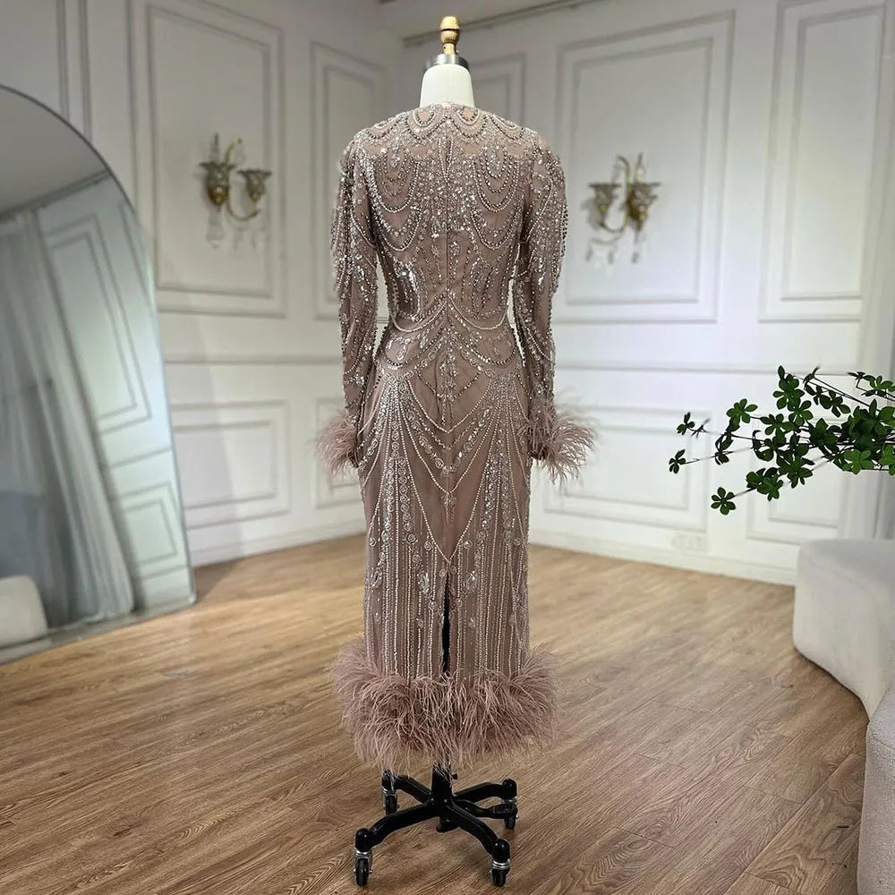 Serene Hill Bling Caramel Mermaid Arabic Evening Dress with Feather & Pearls - Women's Prom Formal Gowns for Wedding, Party & Special Occasions | Elegant LA72482 Dress for Night Out & Red Carpet Events