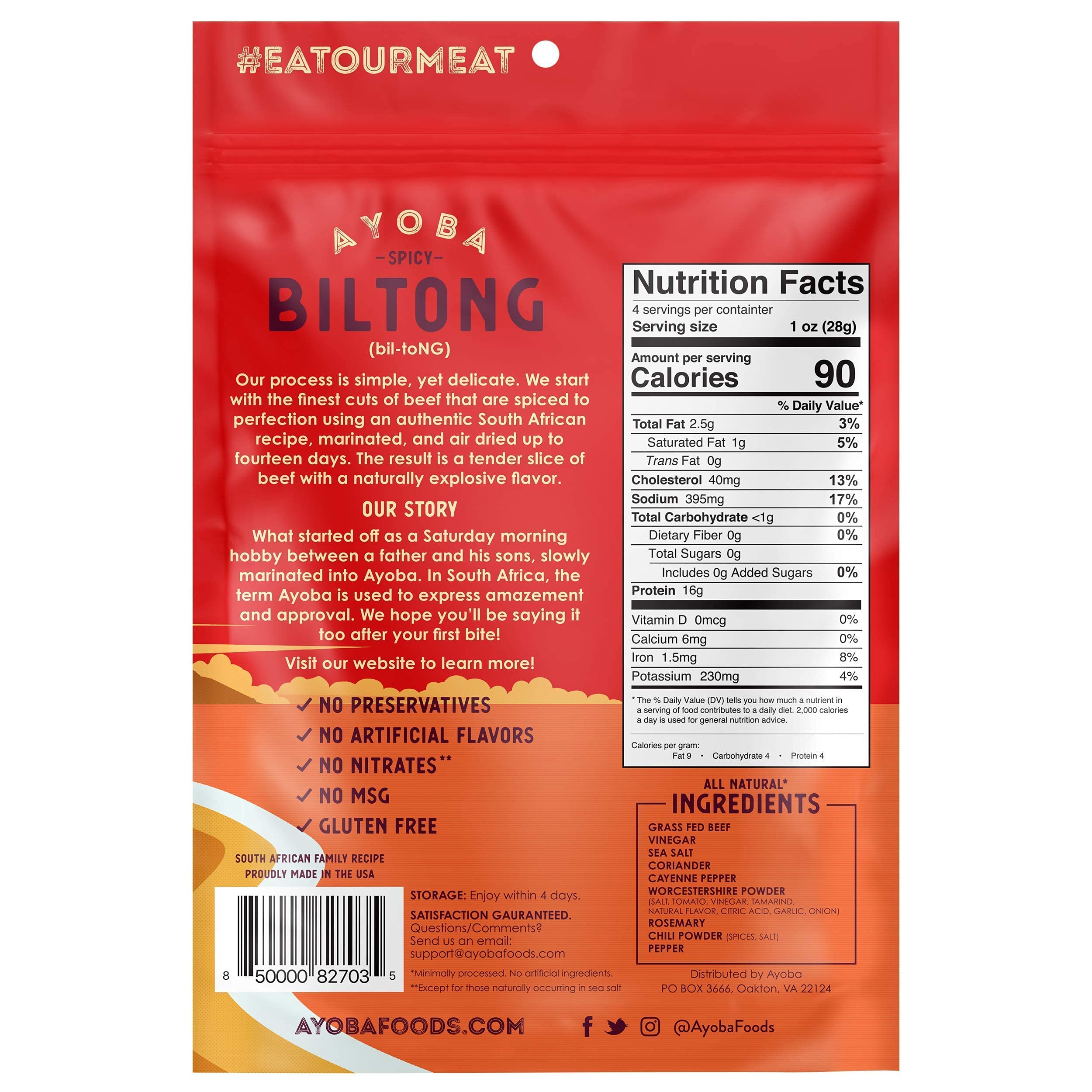 Premium Ayoba Spicy Grass-Fed Beef Biltong Slices (4oz) | Keto, Paleo & Whole30 Approved | Gluten-Free, Sugar-Free, Low-Carb Snack | High-Protein Air-Dried Meat Jerky | Perfect for Hiking, Camping & Office Snacks