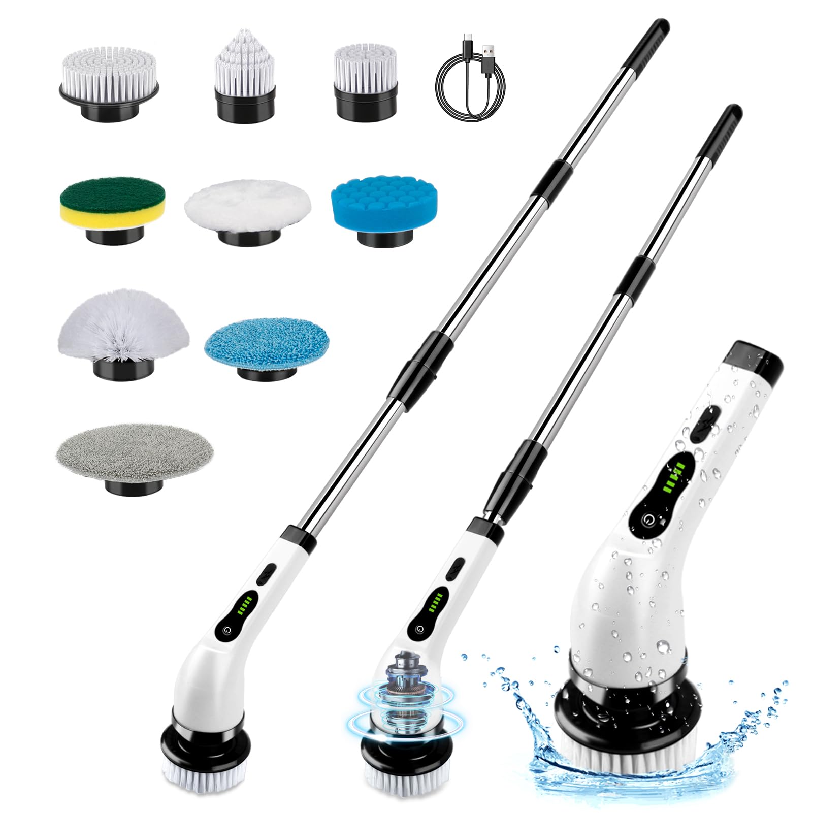Electric Spin Scrubber - Cordless Cleaning Brush with 9 Replaceable Heads & 2 Speed Settings | Adjustable Handle for Bathroom, Kitchen, Tile, Grout | Perfect for Shower Cleaning, Sink Scrubbing, Bathtub Maintenance
