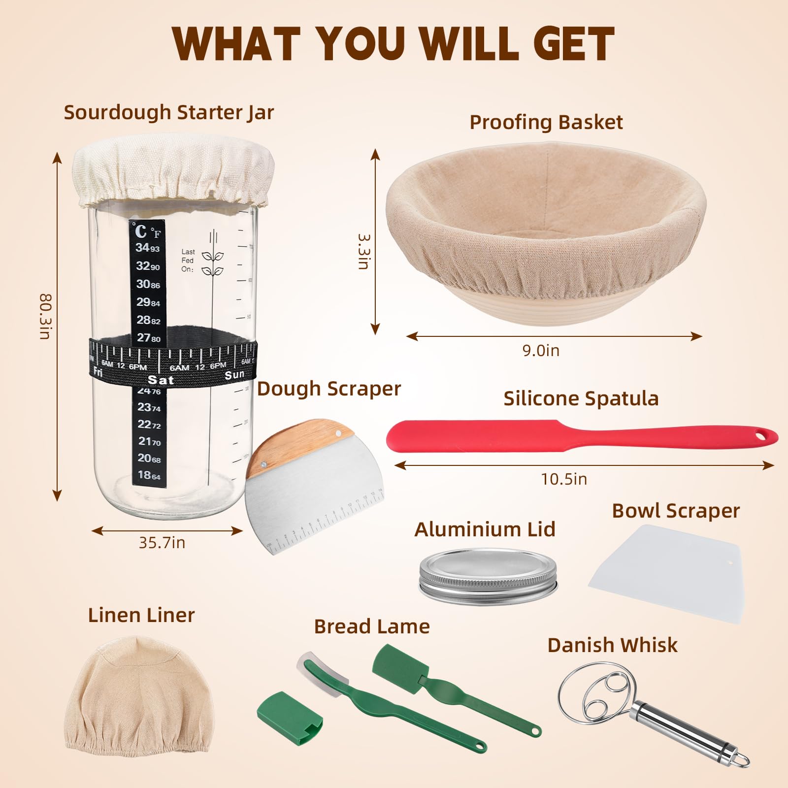 Ultimate Sourdough Bread Making Kit - 7-Piece Set with Starter Jar, Proofing Baskets, Silicone Dough Scraper, Bread Lame & Whisk - Perfect for Artisan Bread Baking at Home | Gift for Bakers & Bread Lovers