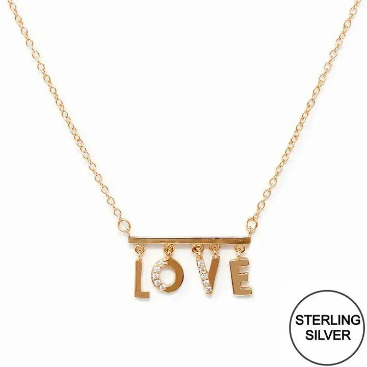 Rose Gold CZ Pave LOVE Letter Bar Pendant Necklace - Sterling Silver Chain for Women, Valentine's Day Gift, Anniversary Jewelry, Everyday Elegant Fashion Accessory