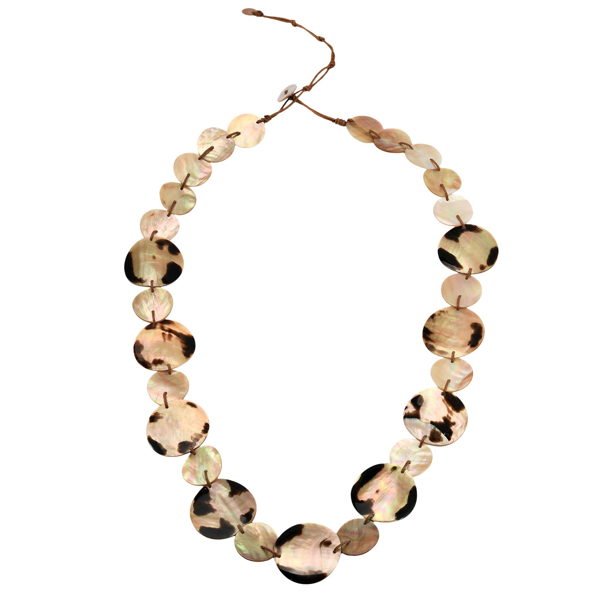 **AeraVida Tropical Beach Inspired Round Leopard Brownlip Shell Long Necklace for Women | Boho Chic Jewelry | Perfect for Vacations, Summer Outfits & Beach Weddings**    **优化点说明（仅示例，实际返回时无需包含）：**   1. **核心关键词前置**：