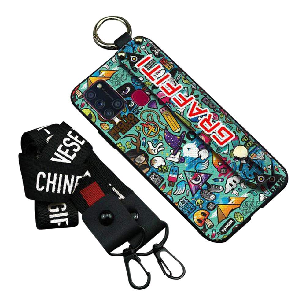 Shockproof Silicone Phone Case for Samsung Galaxy A21s - Crossbody Design with Wrist Strap, Kickstand & Lanyard - Soft Protective Cover with Graffiti Skeleton Pattern - Perfect for Men, Boys - Ideal for Daily Use, Travel & Outdoor Activities