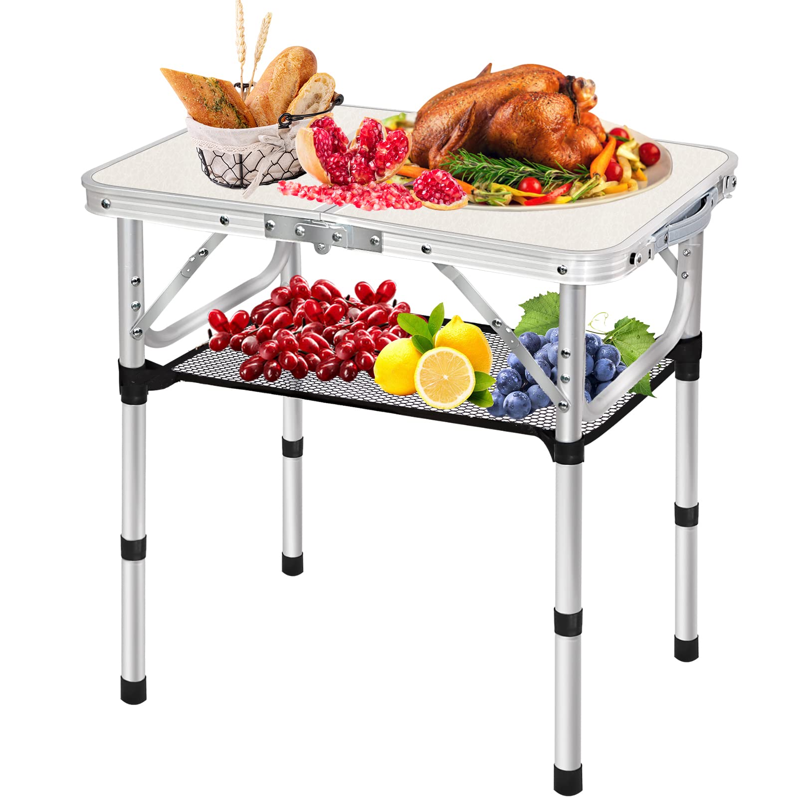 Portable Folding Camping Table - Adjustable Height Lightweight Aluminum Picnic Table with Detachable Mesh Layer & Carry Handle for Outdoor, Indoor, Camping, BBQ, Hiking, Travel, Beach & Tailgating Parties