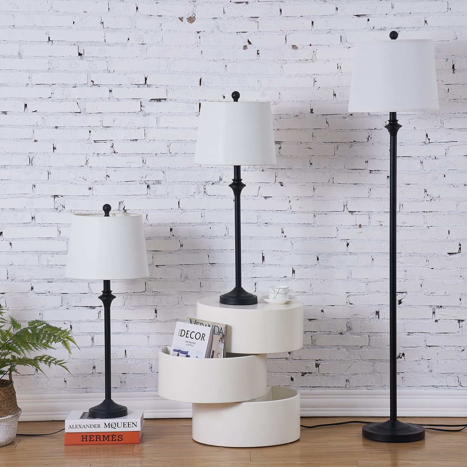 Maxax 3-Piece Traditional Lamp Set - Black Buffet Table Lamps & Floor Lamp with White Fabric Shades for Living Room, Bedroom, Study | Home Decor Lighting for Cozy Ambiance