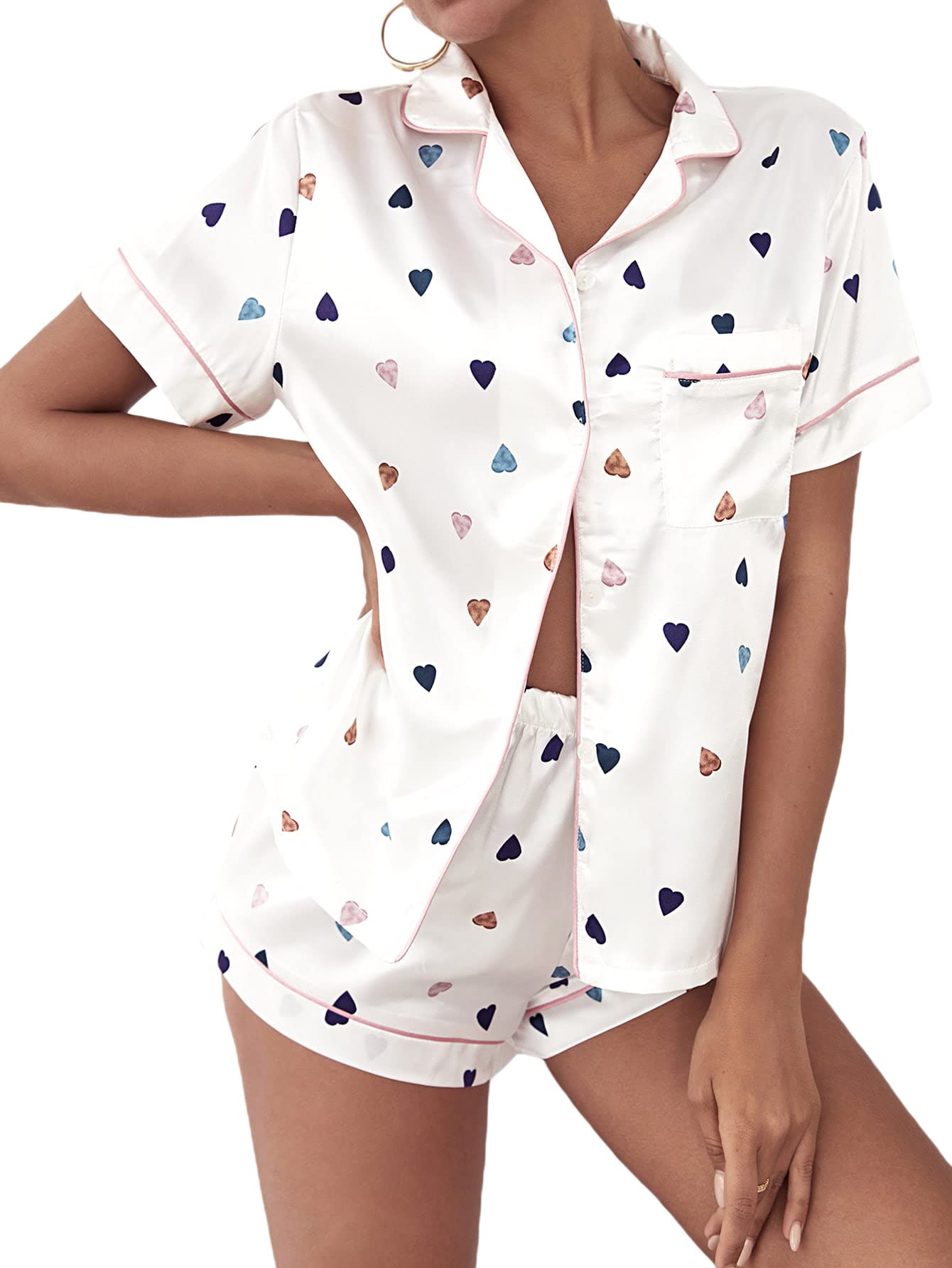 Verdusa Women's Striped Satin Pajama Set - Short Sleeve Shirt & Shorts Sleepwear for Lounge, Vacation & Bedtime Comfort