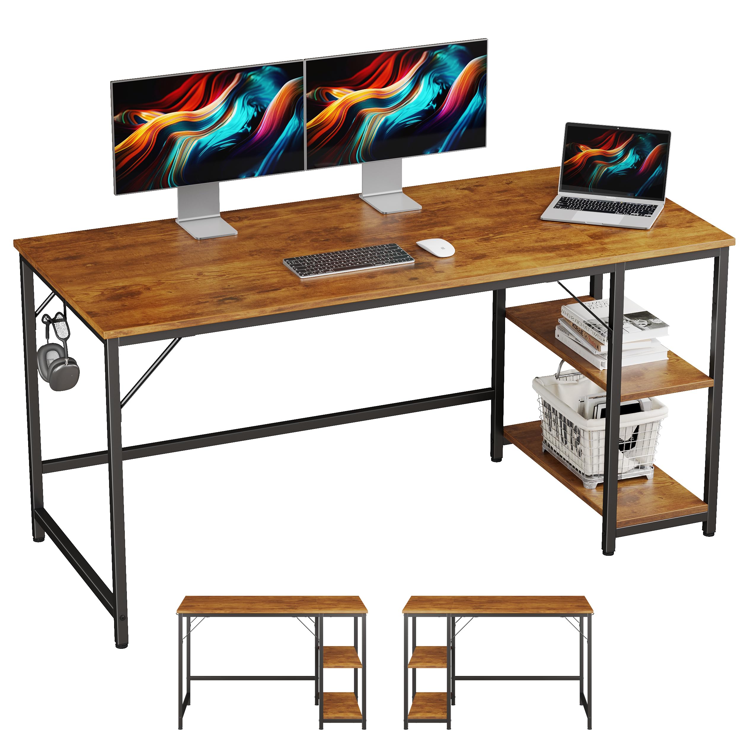 JOISCOPE 60 x 24 Inch Home Office Computer Desk with Wooden Storage Shelf - Industrial Modern Laptop Study Writing Desk for Office, Gaming & Workstation - Vintage Oak Finish - Perfect for Small Spaces & Remote Work