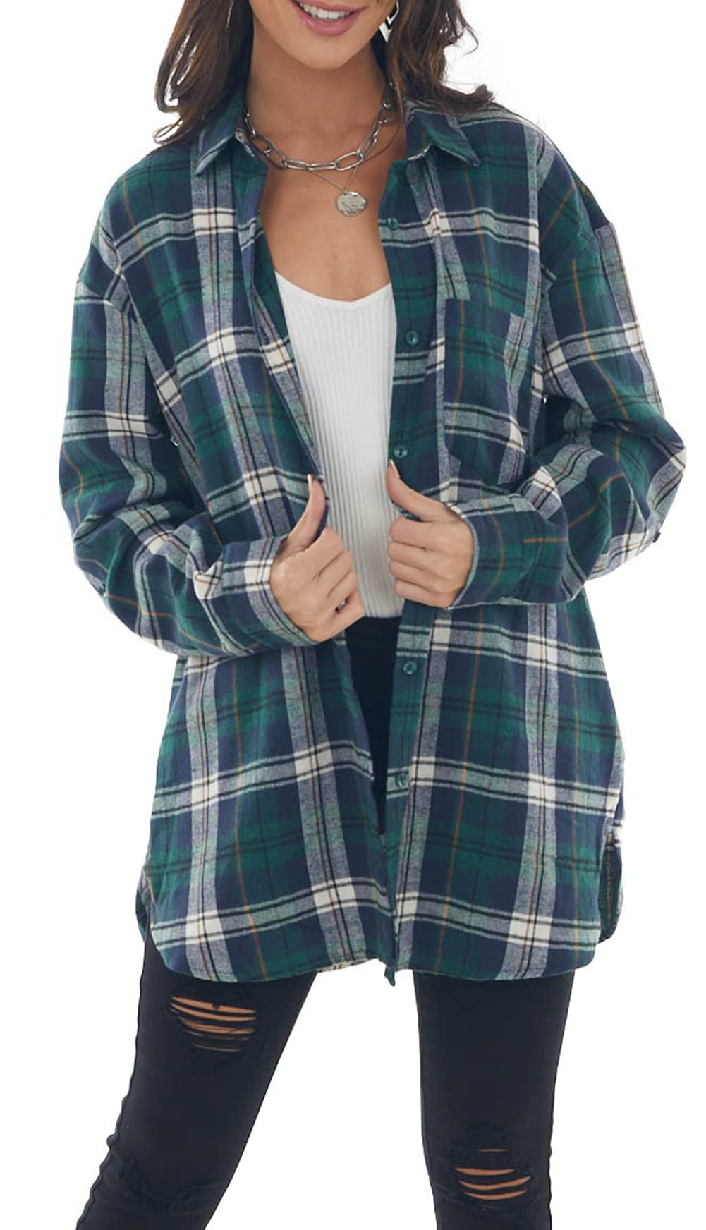 NUOREEL Women's Plaid Flannel Shirt - Button Down Long Sleeve Boyfriend Shirt for Casual Wear, Fall Outfits & Layering | Soft & Comfortable Loose Fit Top for Everyday Style