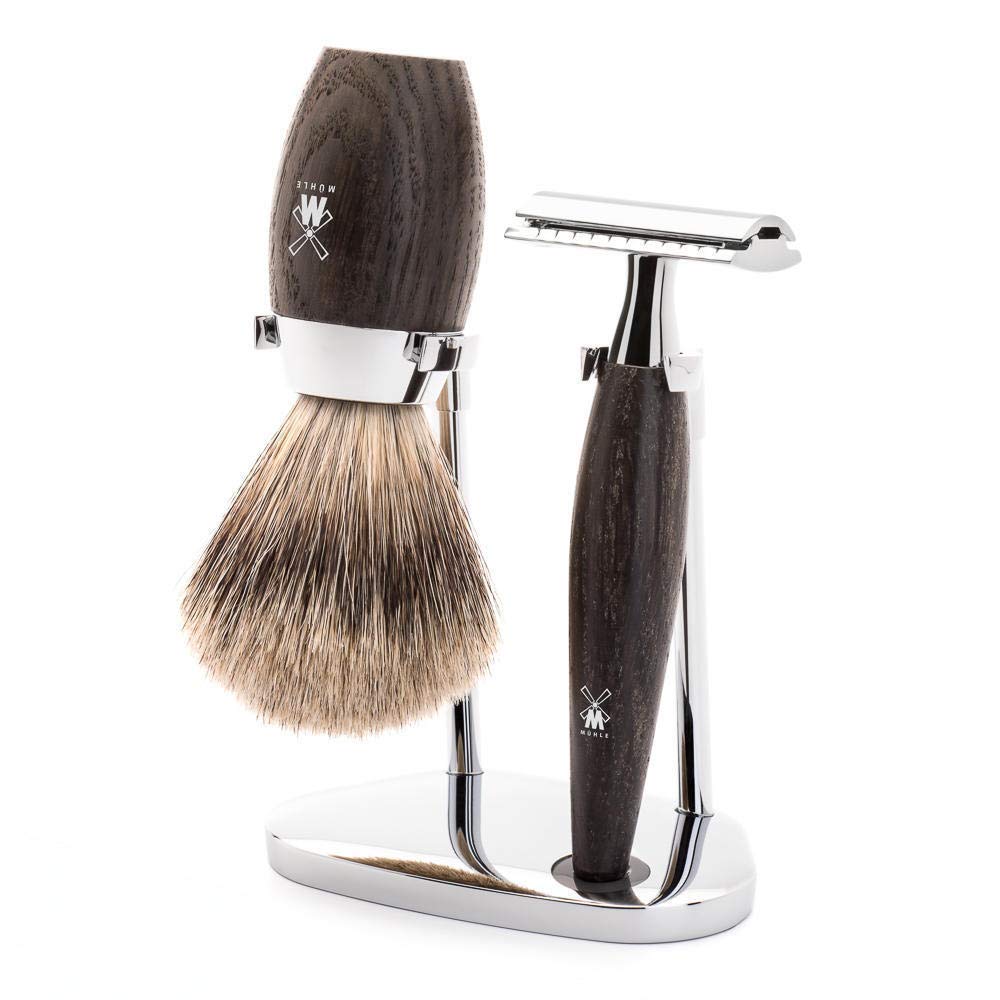 Premium MÜHLE KOSMO 3-Piece Shaving Set with Bog Oak Handle & Fine Badger Hair Brush - Luxury Safety Razor for Men's Wet Shaving at Home or Travel Grooming Kit