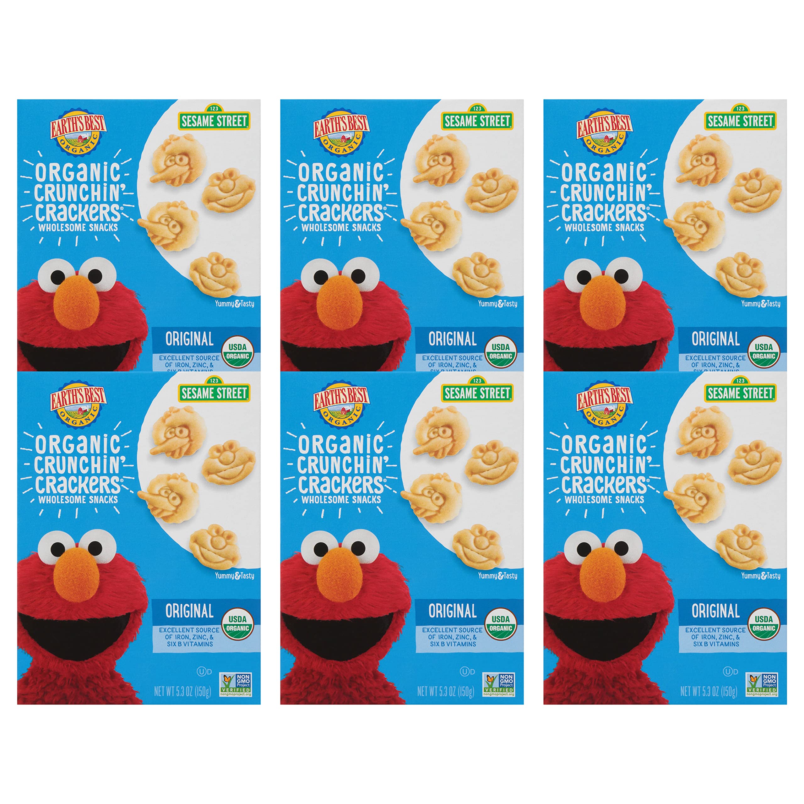 Earth's Best Organic Sesame Street Toddler Snacks - Crunchin' Crackers for Kids 2+ Years | Healthy, Wholesome Snack | Original Flavor, 5.3 oz (Pack of 6) | Perfect for Lunchboxes, Daycare & On-the-Go Snacking