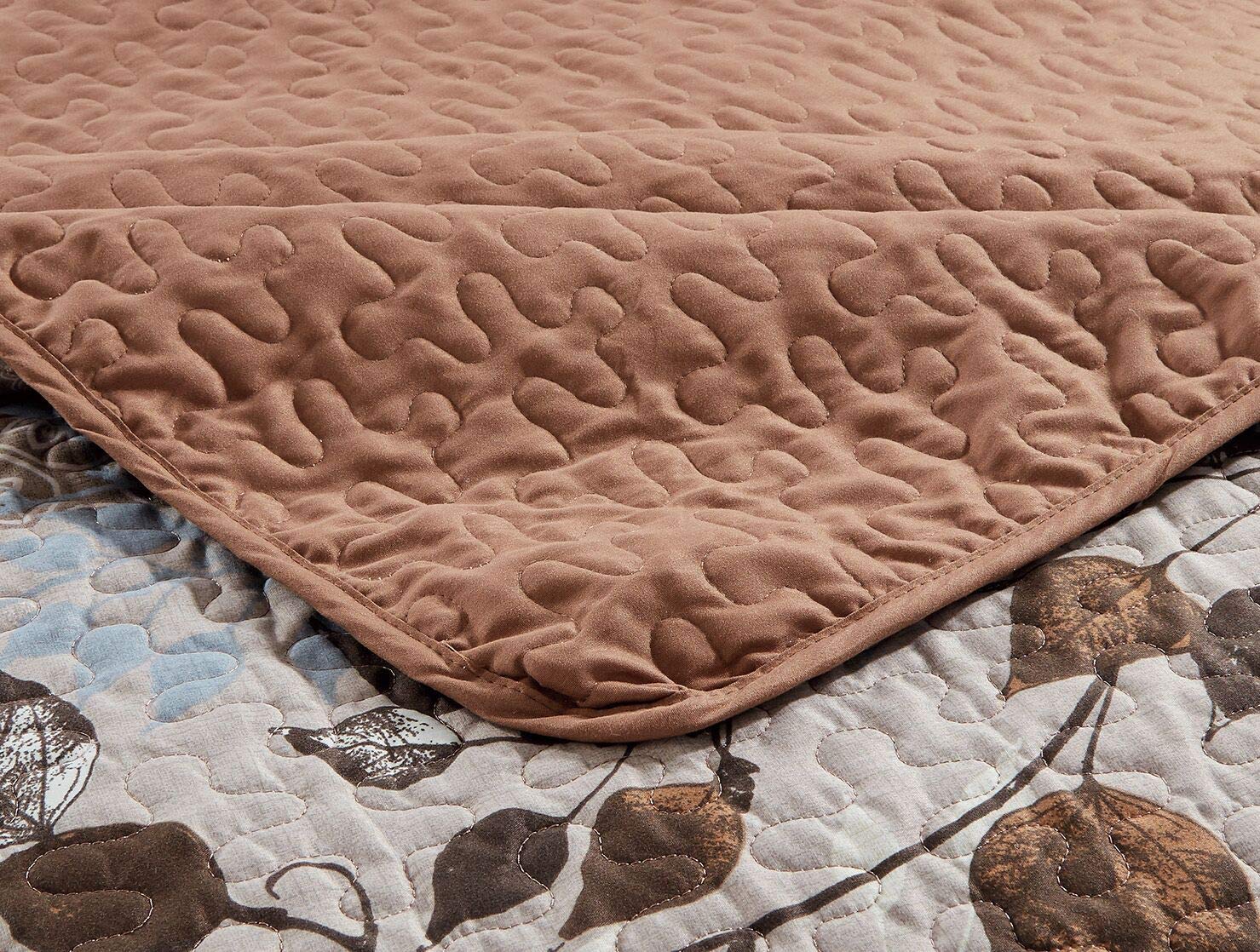 Premium Kids Zone Home Linen Bedspread Set - Brown, Tan & Sky Blue Leaf Pattern - Full/Queen Size - Soft & Breathable Bedding for Kids' Room Decor, Nursery or Guest Bedroom