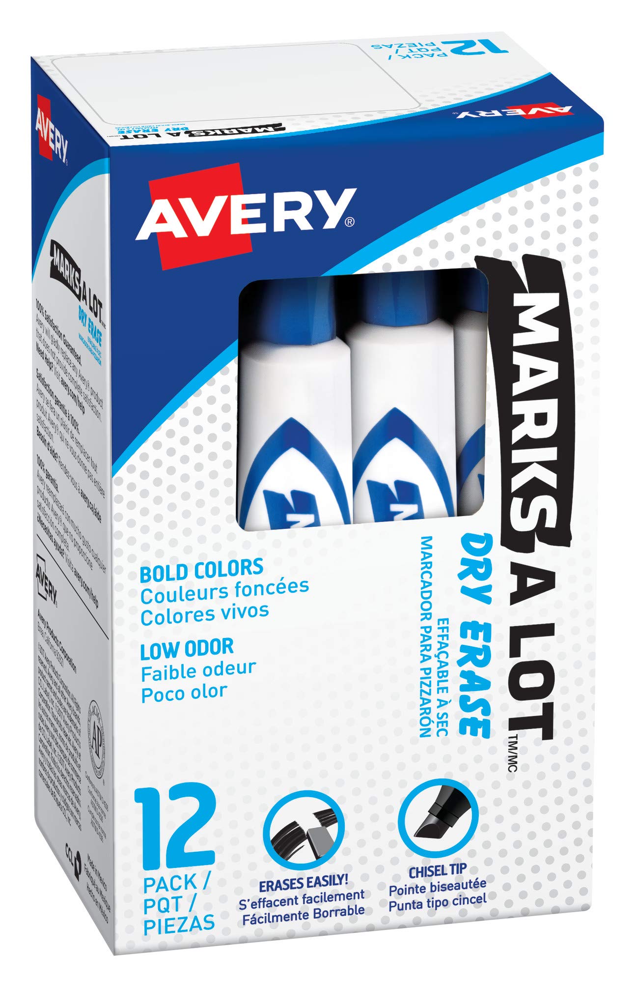 AVERY Marks A Lot Dry Erase Markers - Low Odor White Board Markers with Chisel Tip, 12 Pack Blue (24406) - Perfect for Office, Classroom & Home Use