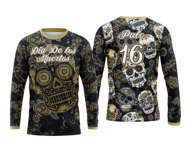 Calavera Long Sleeve Jersey for Men & Women - Soft Cotton Blend T-Shirt with Skull Print - Perfect for Halloween, Day of the Dead, and Casual Wear