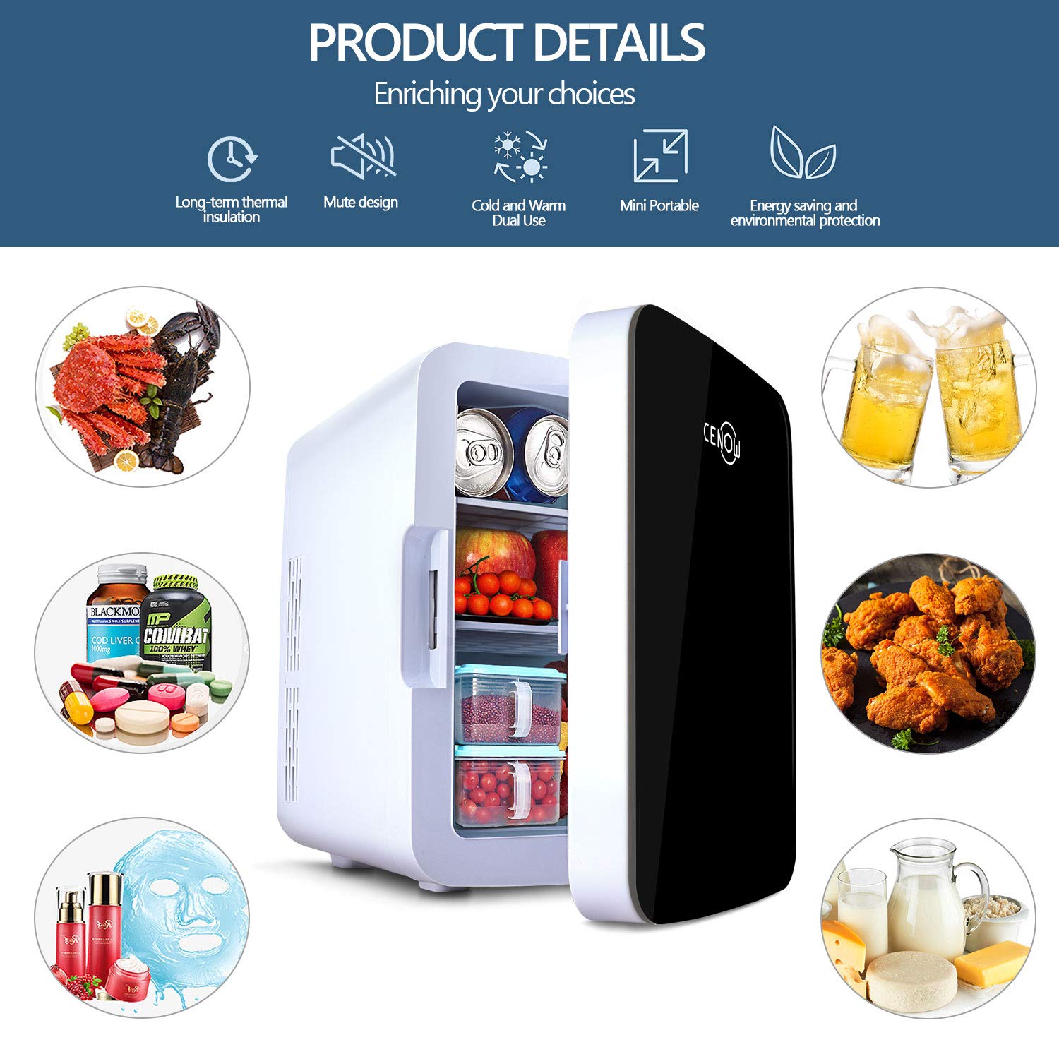 Mini Fridge for Bedroom - 10L/12 Can Portable Refrigerator with Rapid Cooling for Skincare, Cosmetics, Food & Drinks - AC/DC Power for Home, Office, Car Use - Perfect for Storing Face Masks, Wine, Snacks & Medications (Black)