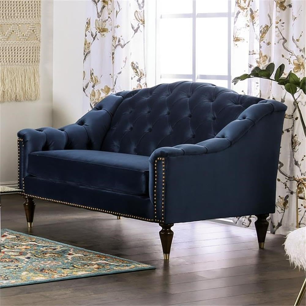 Furniture of America Tidi Transitional Fabric Tufted Loveseat in Blue - Stylish Sofa for Living Room, Office & Small Spaces