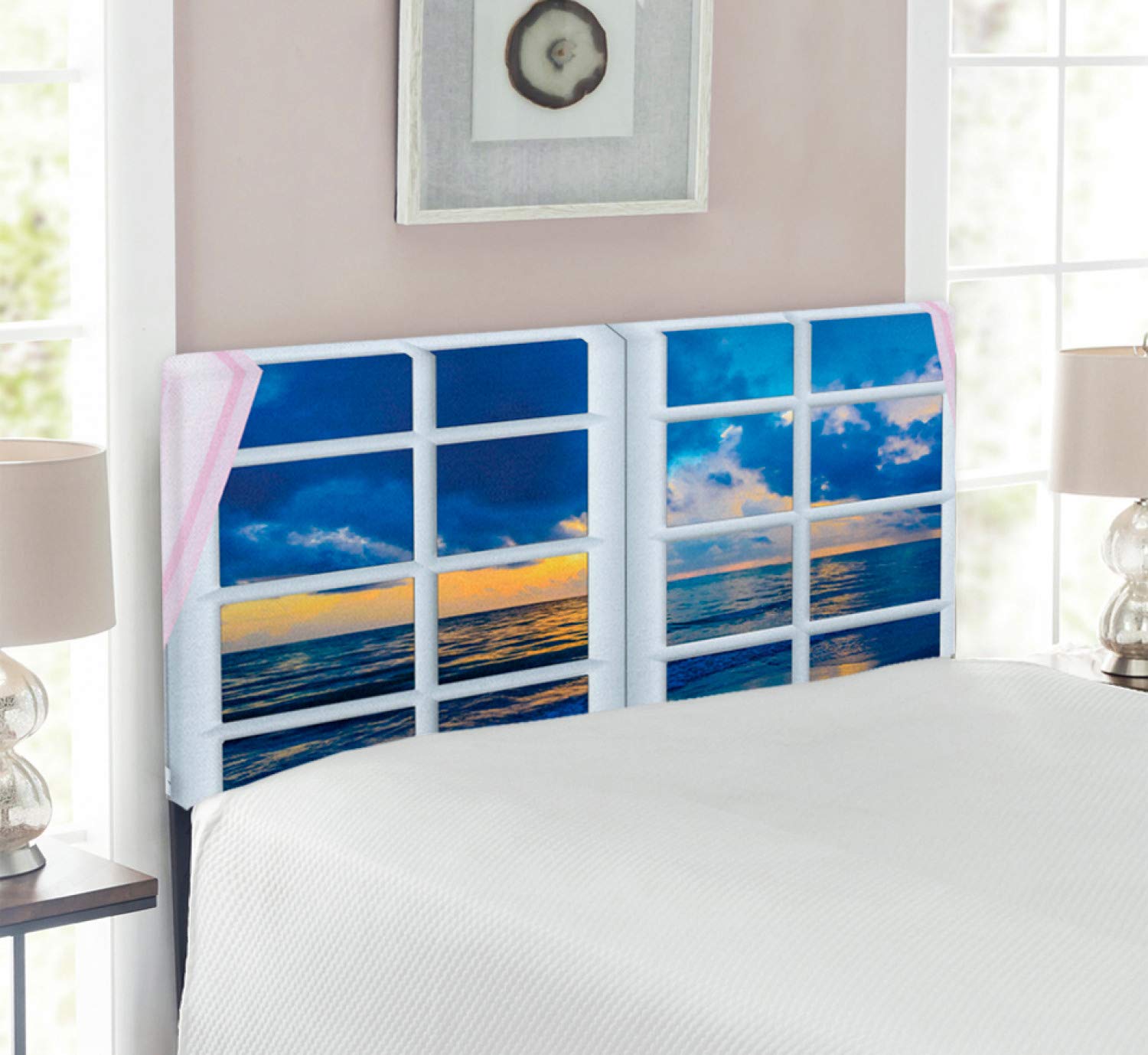 Ambesonne Upholstered Landscape Headboard - Sunset on The Sea Scenery with Open Curtains, Twin Size Blue & White Metal Bed Headboard with Memory Foam | Coastal Bedroom Decor for Relaxing Master Suite or Guest Room