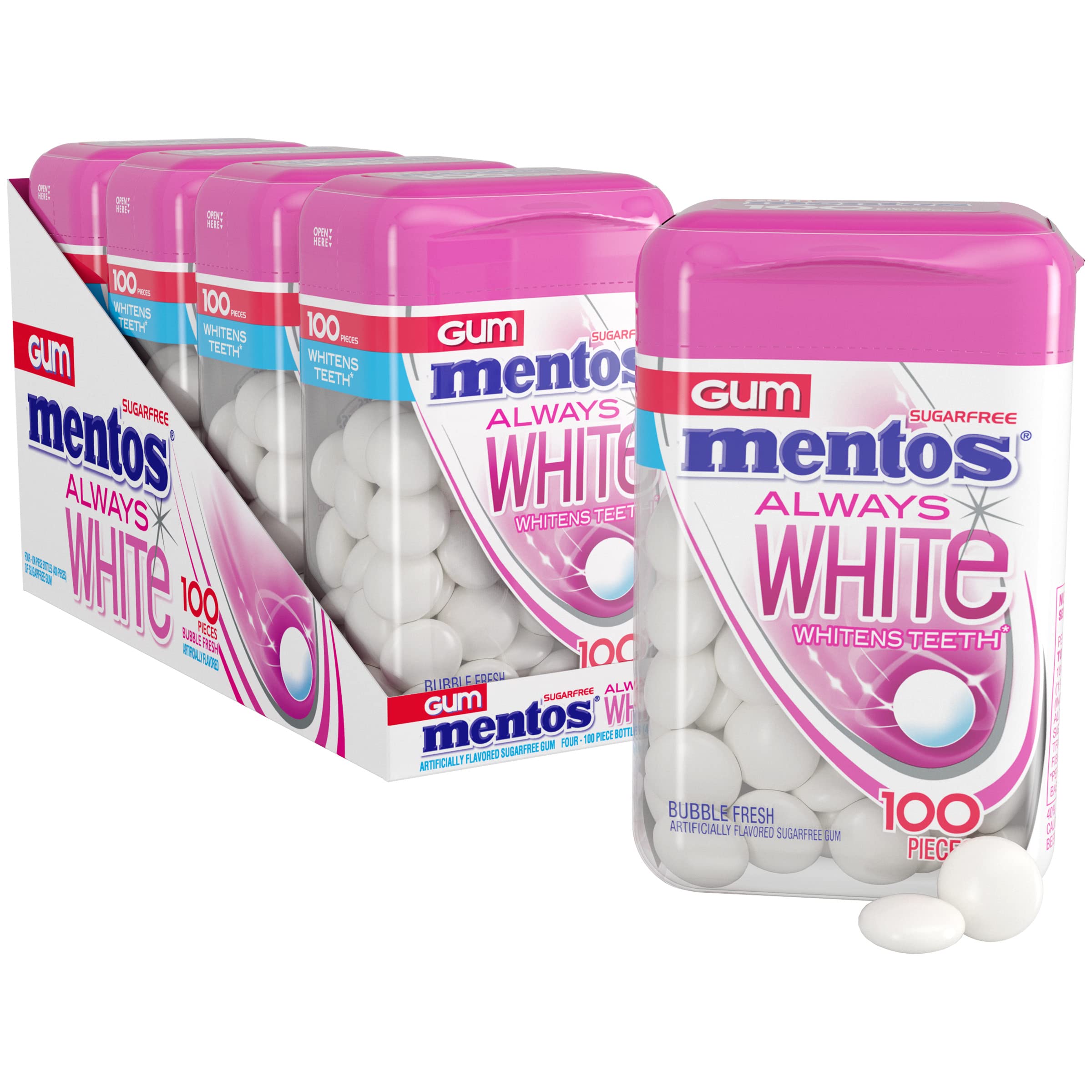 Mentos Always White Bubble Fresh Sugar Free Chewing Gum with Xylitol Sweetener - 100 Pieces per Bottle, Pack of 4 - Fresh Breath for Work, School & Social Events
