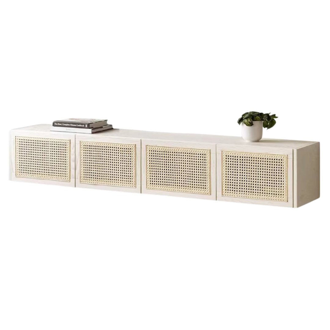 Solid Oak Wood Rattan TV Stand with LED Lights - Modern Cream Style Entertainment Center for Living Room, Bedroom & Home Theater