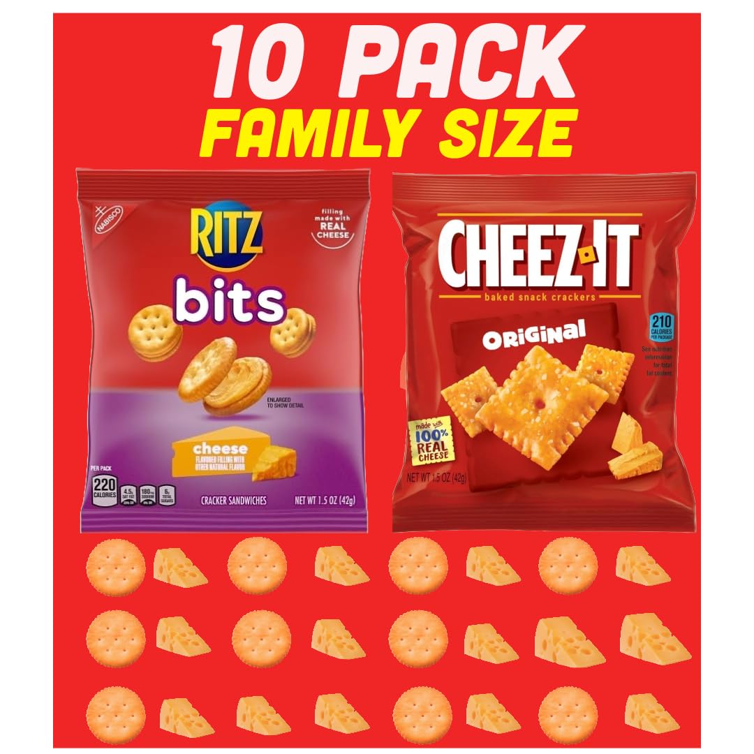 Ritz Bits & Cheez It Original Cheese Sandwich Crackers - 1.5 oz (Pack of 10) - Prime Grade Snack Variety Pack - Perfect for Lunchboxes, Parties & On-the-Go Snacking