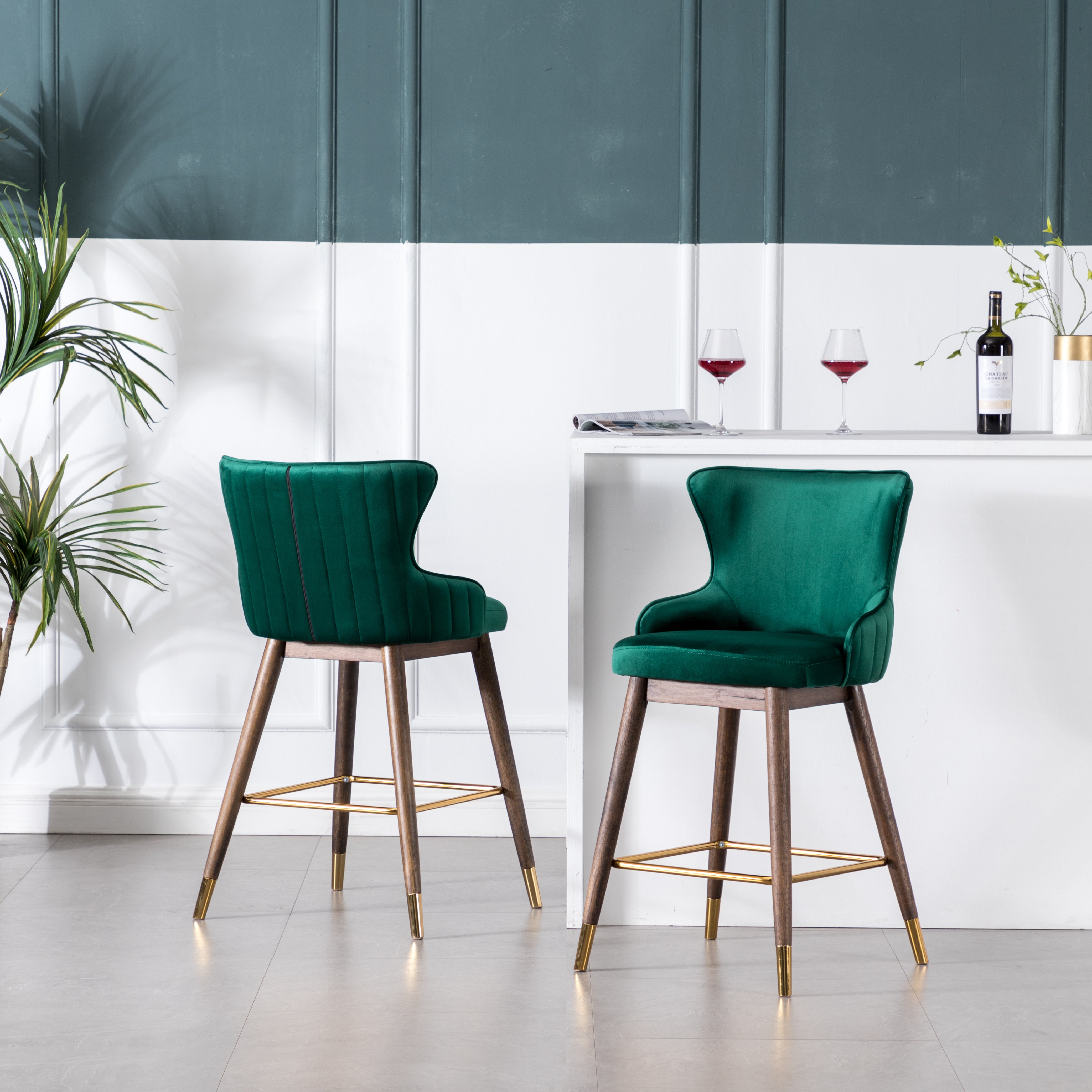 Roundhill Furniture Leland Fabric Upholstered Counter Height Wingback Bar Stools, Green, Set of 2 - Perfect for Kitchen Islands, Breakfast Nooks & Home Bars