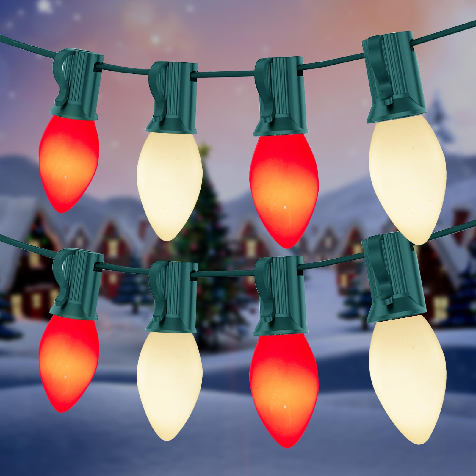 25Ft Outdoor Christmas Lights with 27 Red/White C7 Ceramic Bulbs - Waterproof Roofline Patio Lights for Christmas, Garden, Wedding & Party Decor - Perfect for Holiday Home, Yard, Porch and Tree Lighting