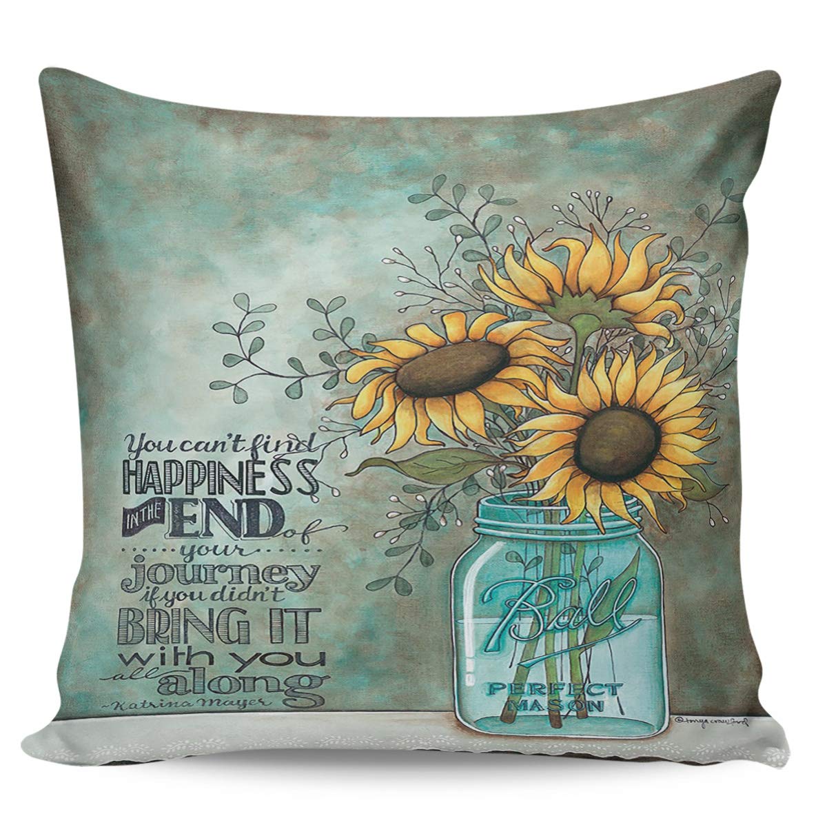 ARTSHOWING 20x20 Inch Floral Throw Pillow Covers - Decorative Sunflower & Mason Jar Design Cushion Covers for Sofa, Couch, Chair - Durable Cotton Pillow Cases for Living Room, Bedroom Decor