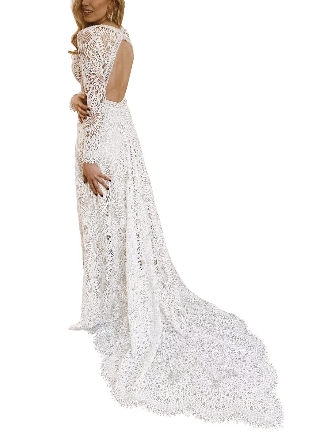 Boho Lace Wedding Dress for Women - Long Sleeve Mermaid Bridal Gown with Train | Elegant Bohemian Style for Beach, Garden & Vintage Weddings