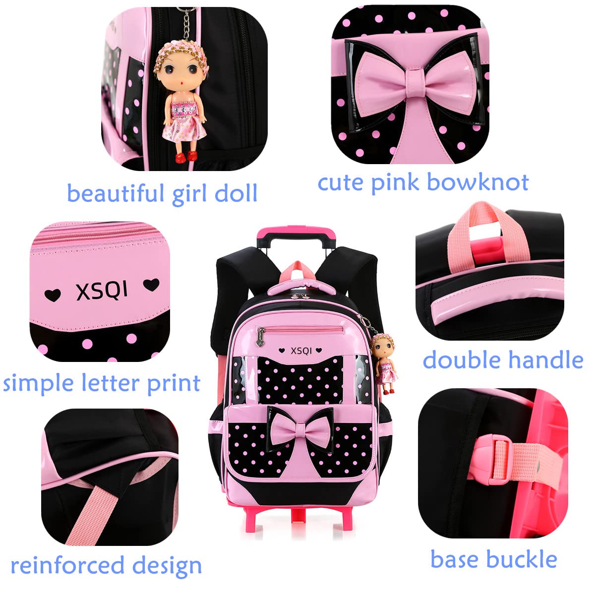 MITOWERMI Rolling Backpack for Girls - Cute Bowknot Wheeled School Backpack with Handbag, Trolley Carry-on Travel Luggage for Toddler & Elementary Princess | Perfect for School, Travel, and Daily Use