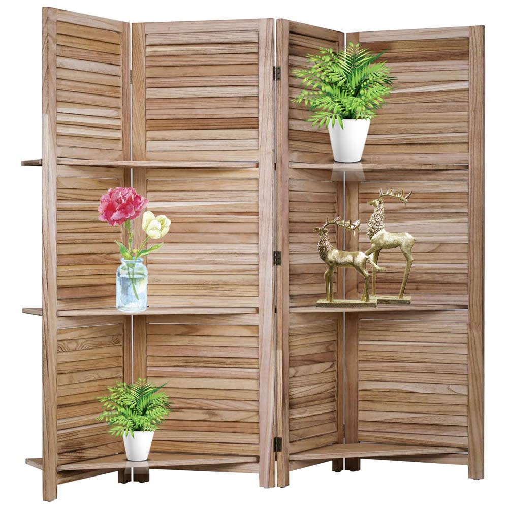 4 Panel Wooden Room Divider with 3 Shelves - Freestanding Folding Privacy Screen for Home, Office & Restaurant - Natural Wood Portable Partition for Space Separation & Decoration - Perfect for Creating Private Spaces in Living Rooms, Bedrooms or Commercial Areas