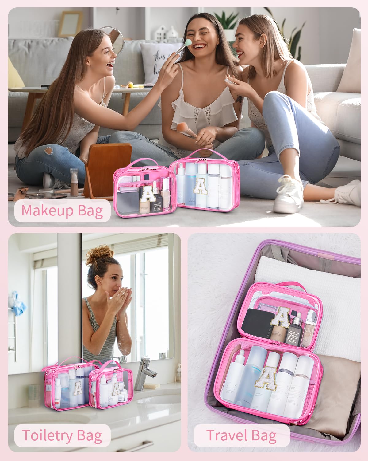 Wandering Nature Clear Makeup Bags 2 Pack - Personalized Initial Cosmetic Pouch Organizer for Travel | Preppy Small Toiletry Bag | Perfect Birthday Gift for Women & Girlfriend | Ideal for Travel, Gym & Daily Makeup Storage