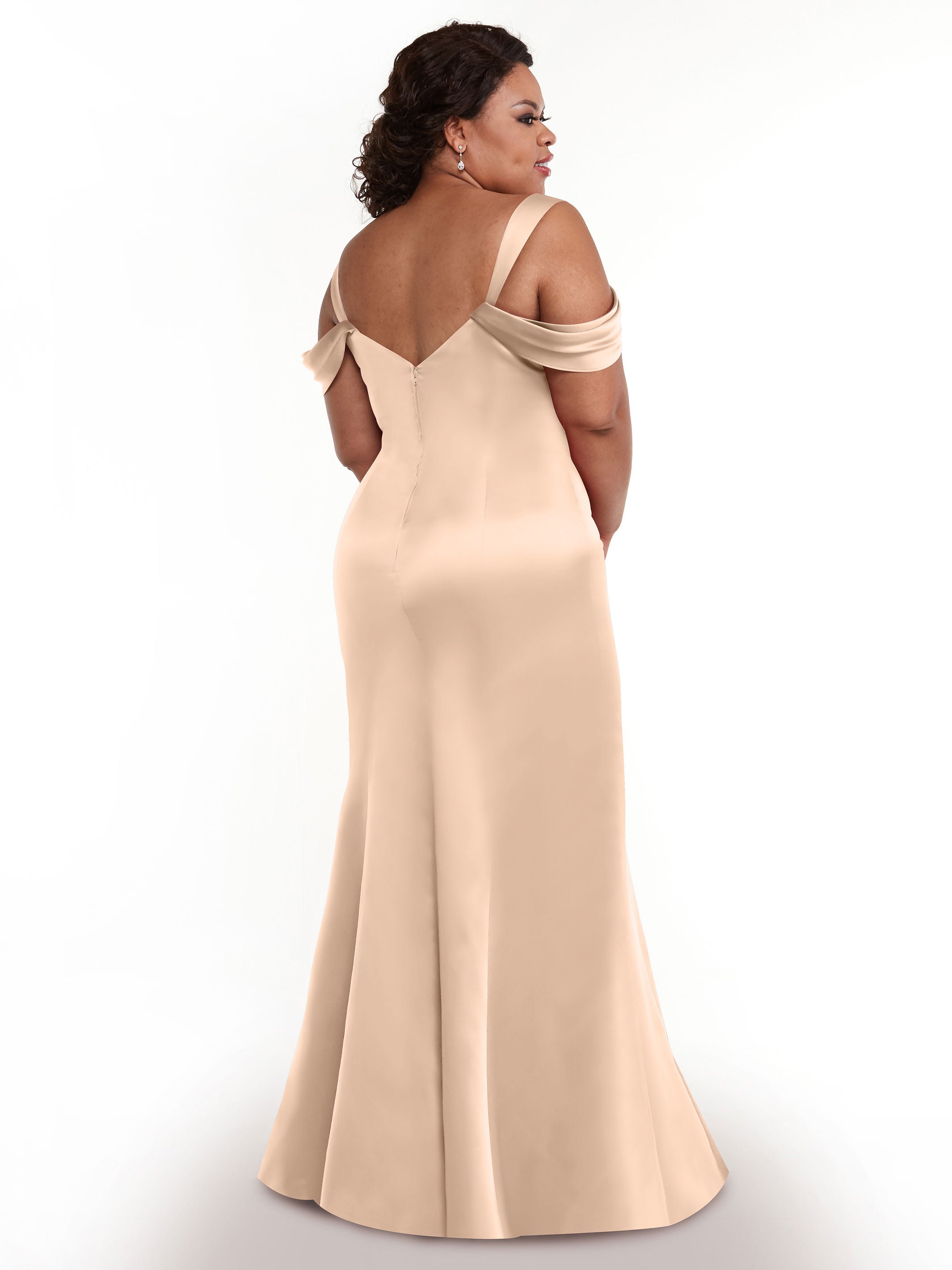 Elegant 80151 Fitted Satin Bridesmaid Dress with Off-The-Shoulder Sleeves - Perfect for Weddings, Formal Events & Special Occasions