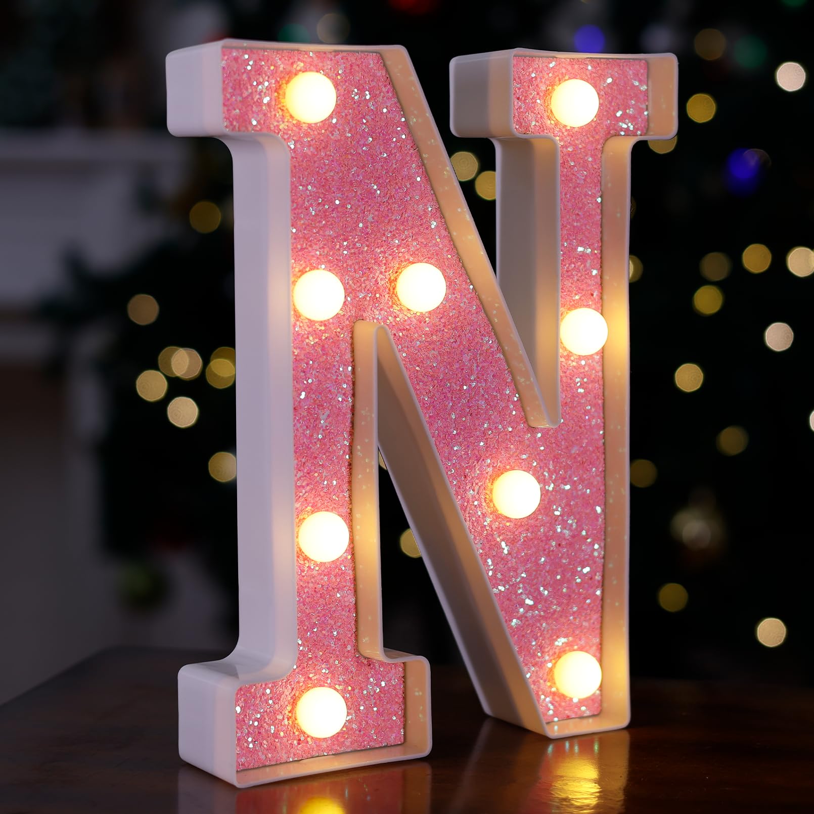 Pink Glitter LED Marquee Letter N - Battery Powered Light Up Alphabet Sign for Home, Party, Wedding, Birthday & Christmas Decor - Perfect for Girls' Room, Bar & Night Light Gift