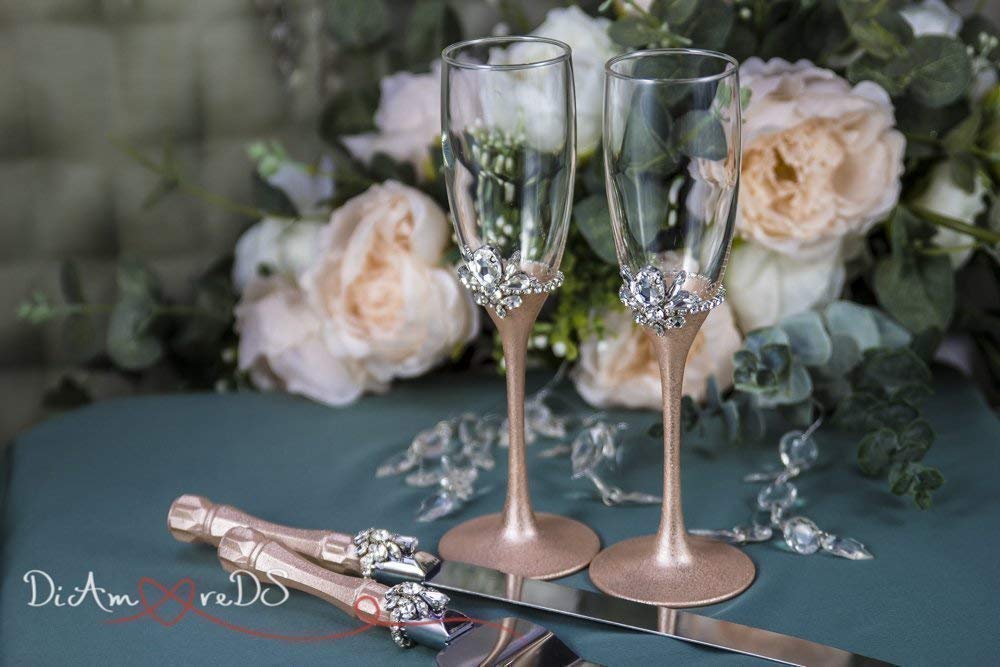 Rose Gold Wedding Set - Silver Crystal Champagne Flutes - Unity Candle Set - Cake Server & Knife (7-Piece Bridal Collection) for Wedding Ceremony, Reception & Anniversary Celebrations