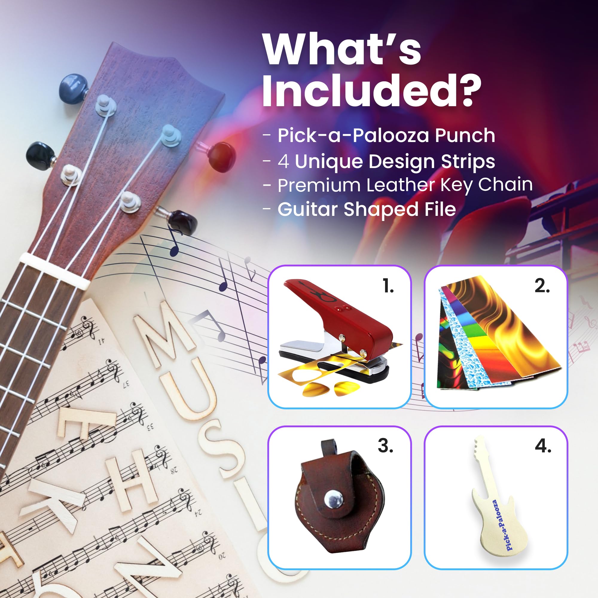DIY Guitar Pick Punch Kit - Premium Pick Maker with Leather Keychain Holder, 4 Pick Strips & File - Red - Perfect for Musicians, Guitarists & Craft Lovers (Great Gift for Music Enthusiasts)