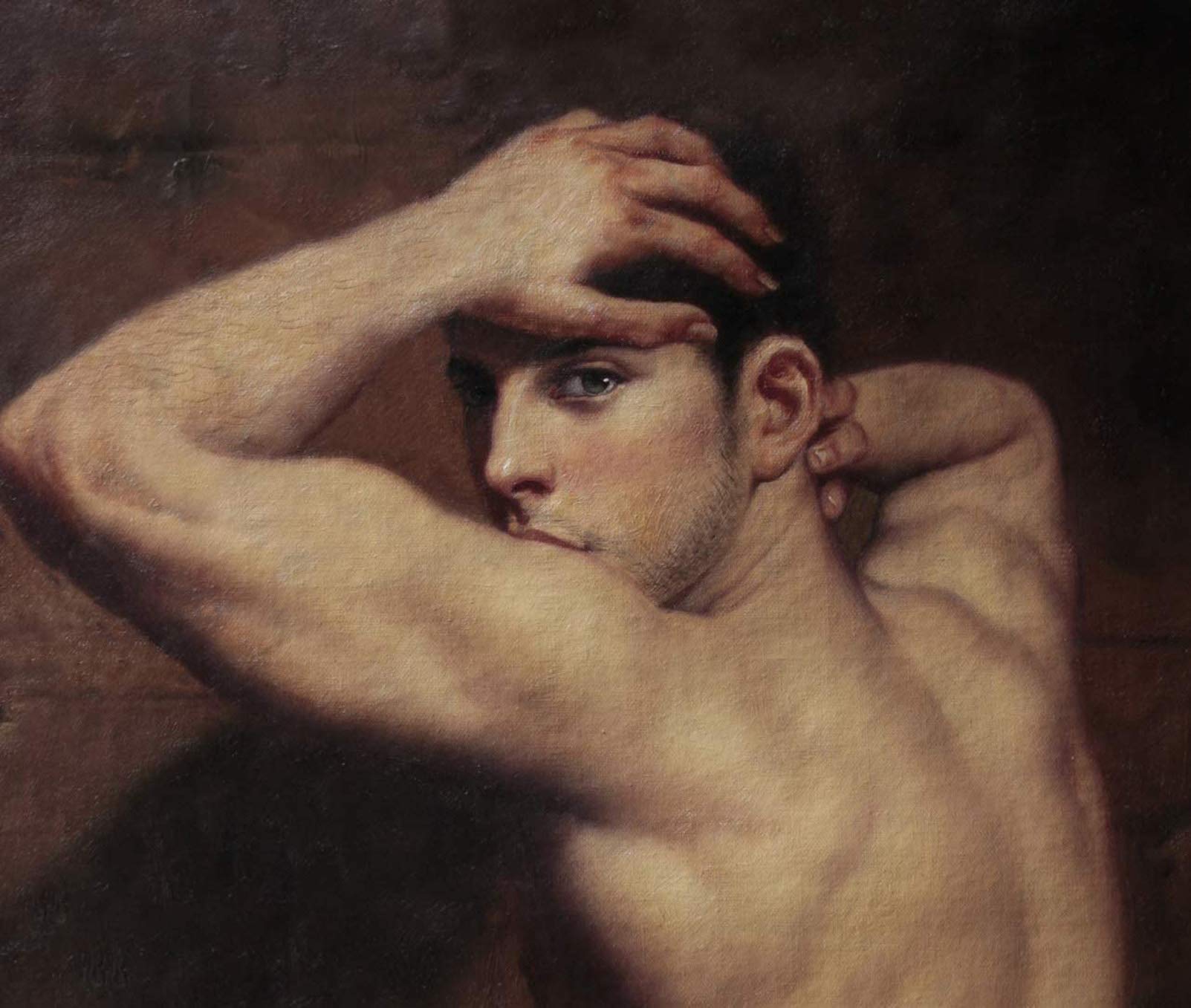 Handsome Male Nude Oil Painting Canvas Art Print - 30x45cm Framed Wall Decor with Hand-Painted Details for Bedroom, Bathroom & Living Room - Signed Portrait Artwork for Modern Home Interior Design